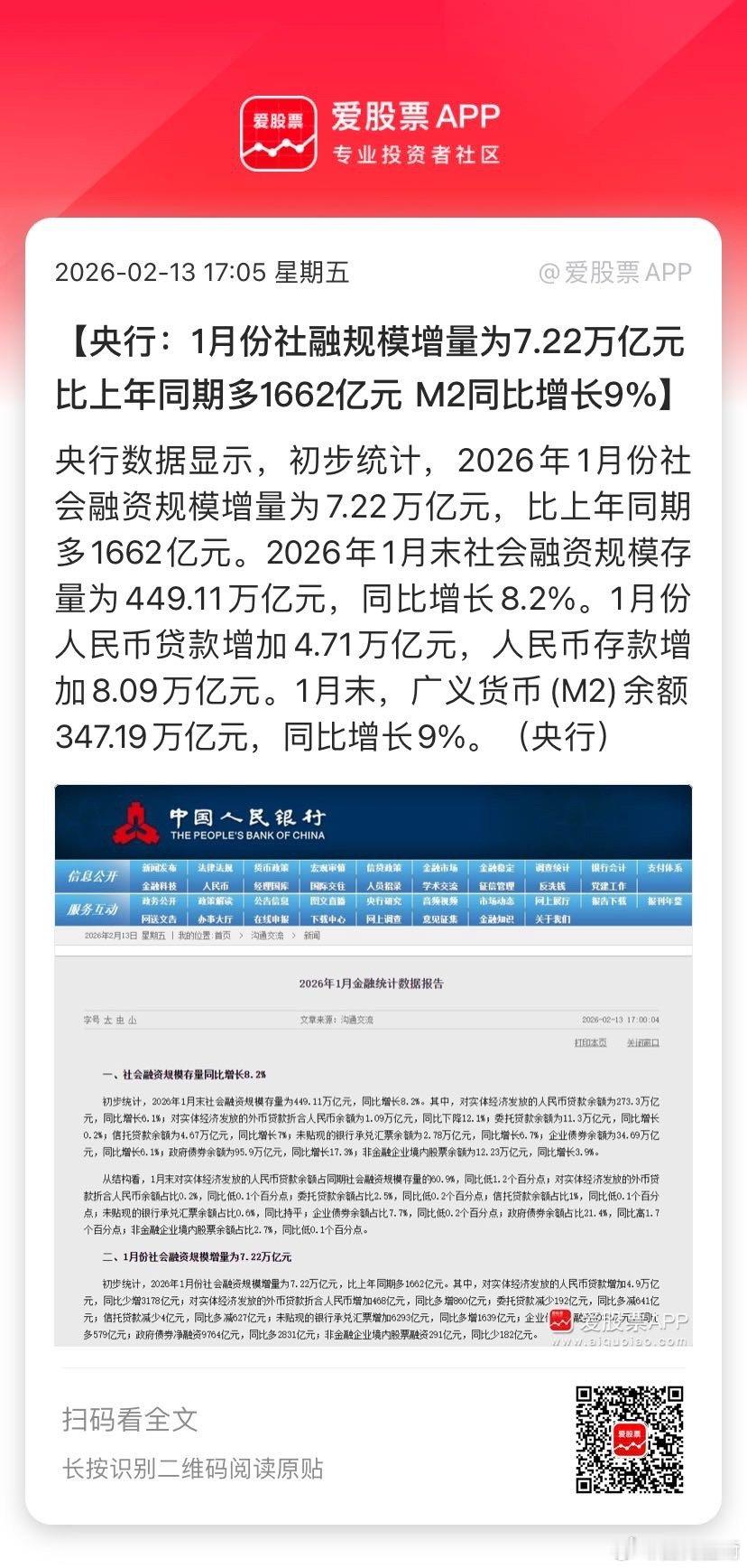 【央行：1月份社融规模增量为7.22万亿元 比上年同期多1662亿元 M2同比增