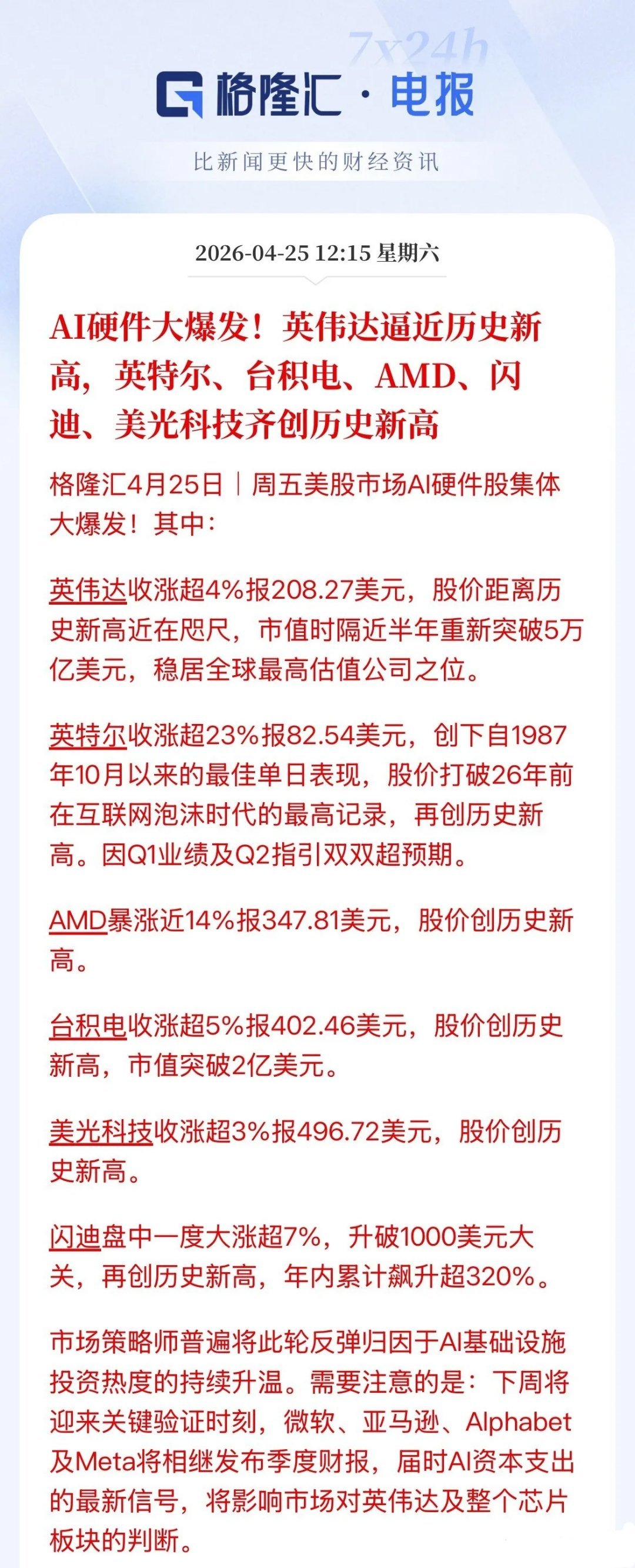 全球AI硬件迎来史诗级大爆发，利好全面引爆！美股周五全线狂欢，算力故事远未结束。