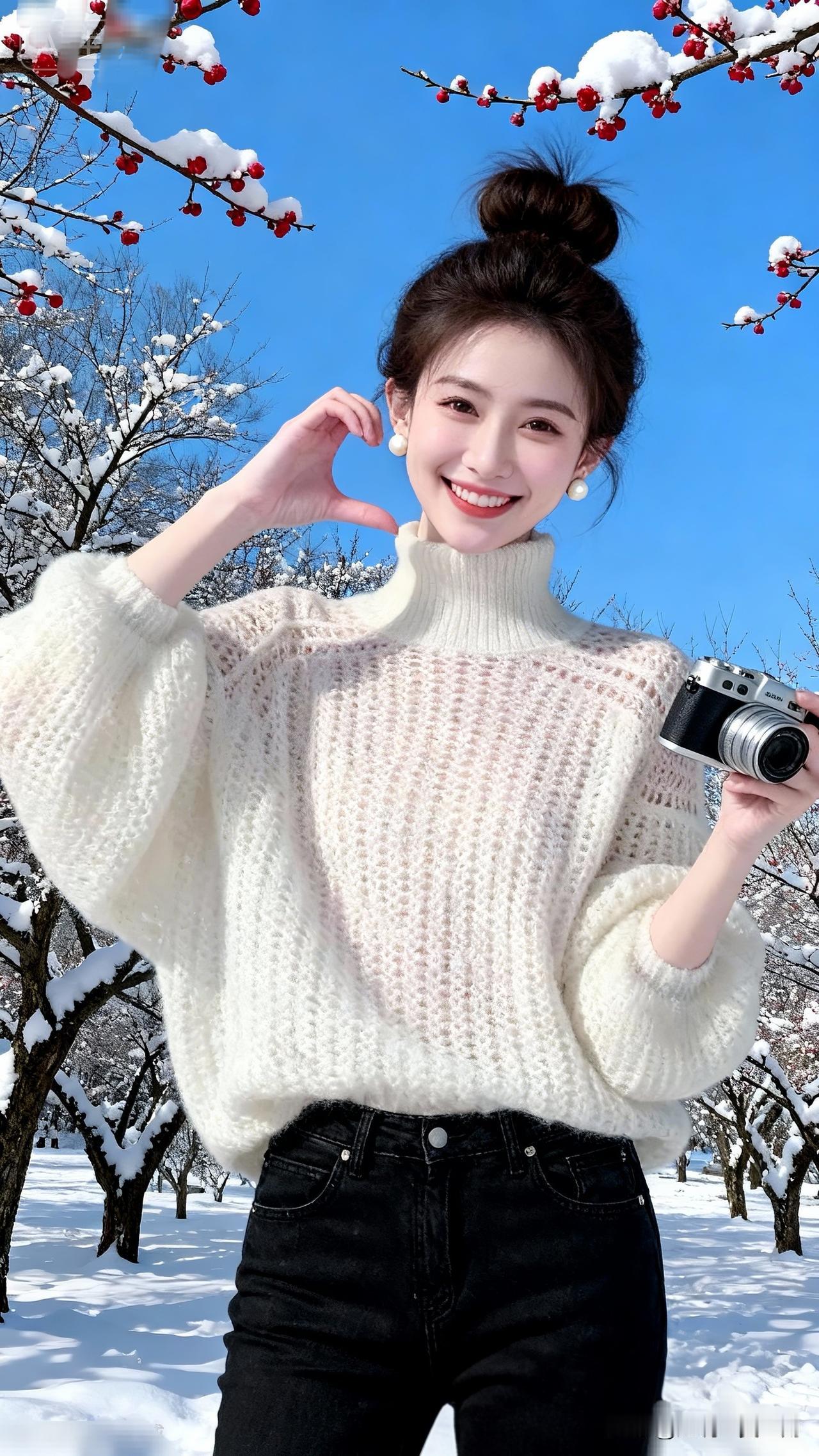 雪中红梅笑，冬日暖阳照。记录生活，分享美的瞬间 冬日暖阳下，甜美笑容与雪景相映成