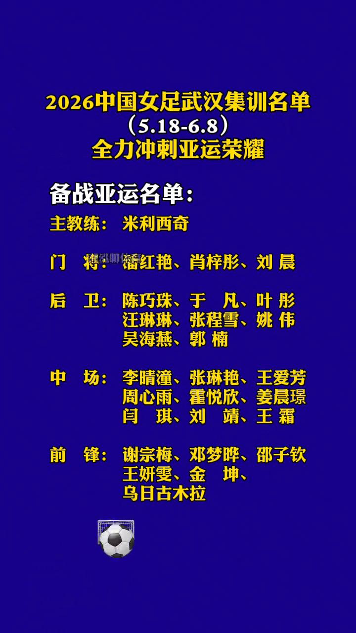 2026中国女足武汉集训名单(5.18-6.8)。
全力冲刺亚运荣耀。备战亚运名
