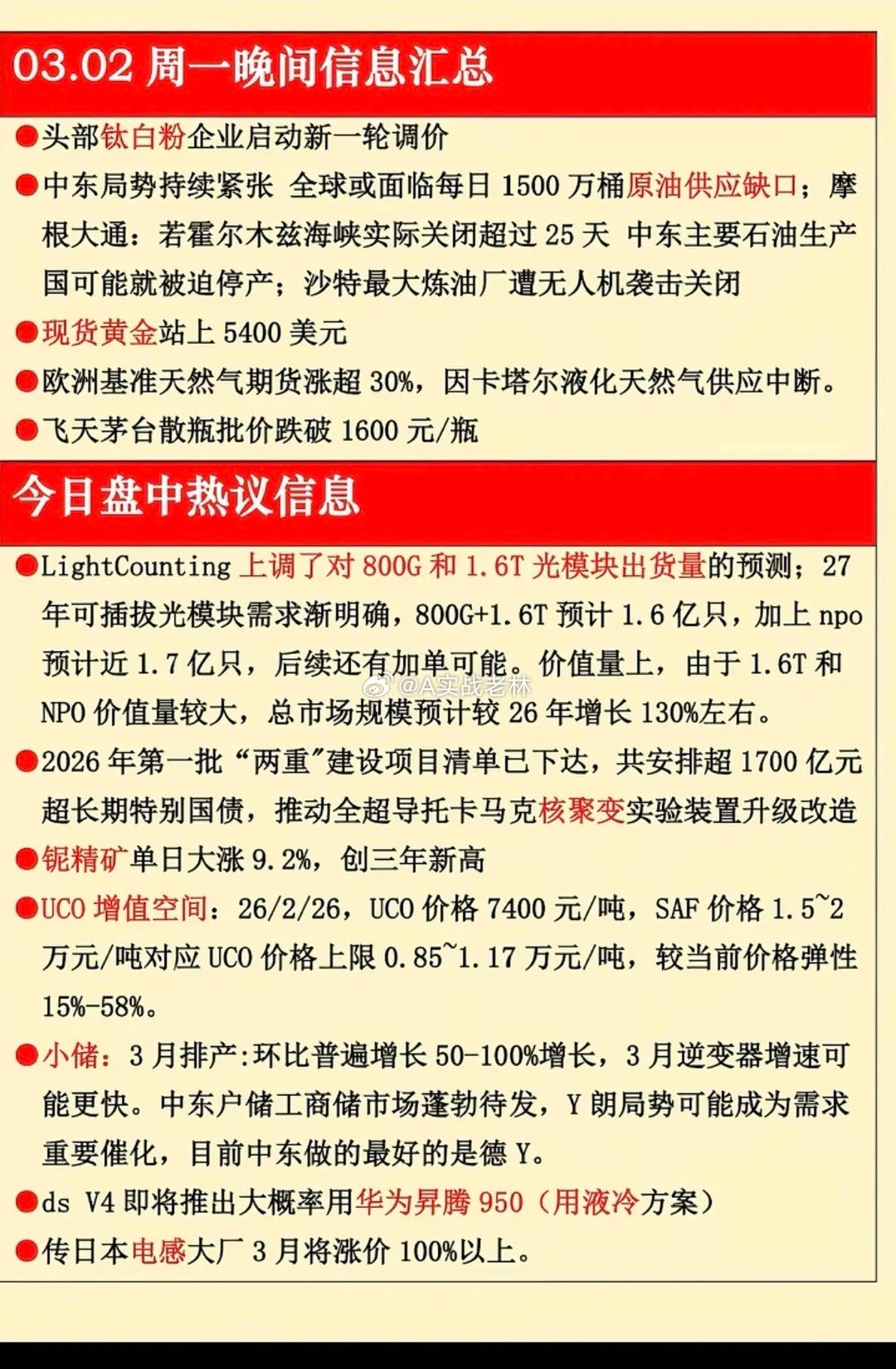 3.2周一  晚间  财经信息汇总！1.钛白粉，新一轮涨价2.原油供应缺口3.白