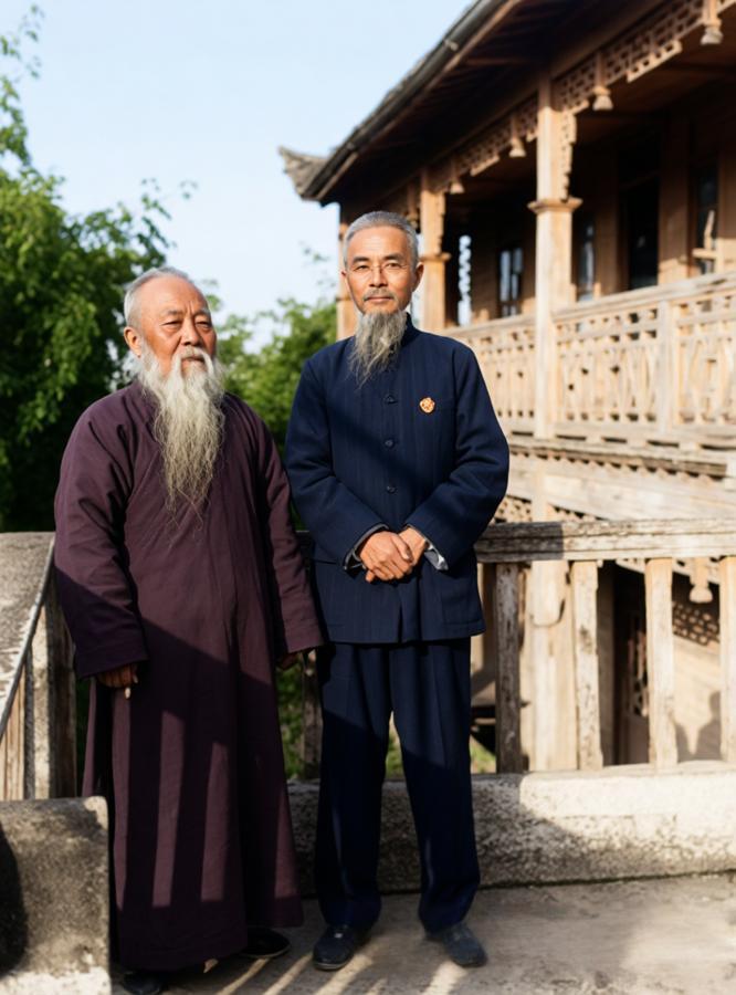 1962年，西湖蒋庄，长须马一浮（左）与丰子恺（右）并肩而立。一位是“最后大儒”