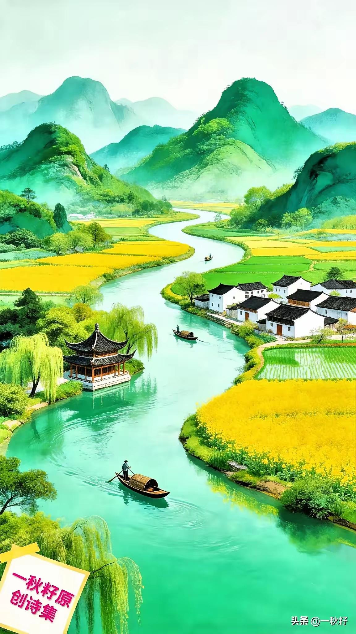 天净沙·水乡春景
清溪似玉环田，
柳垂如幕临渊。
舟荡波间影乱。
雁翔云畔，
水