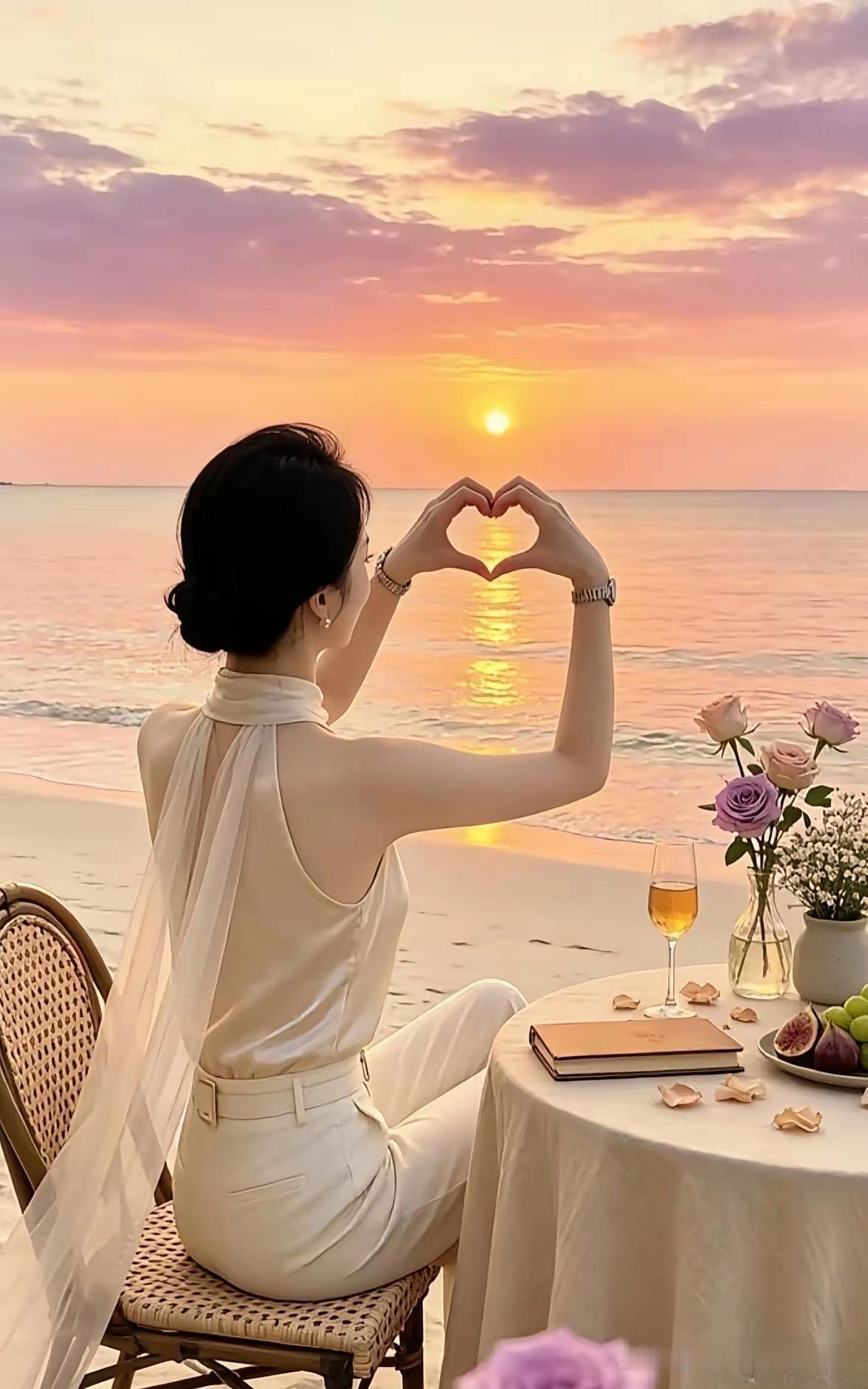 海边日落看着太治愈了！小姐姐坐在沙滩上对着夕阳比心，背影特别温柔。
 
一身浅色