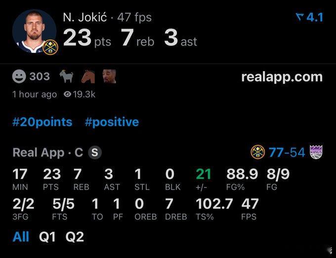 掘金半场77分，约基奇依旧变态9中8，23分7篮板3助攻掘金vs国王