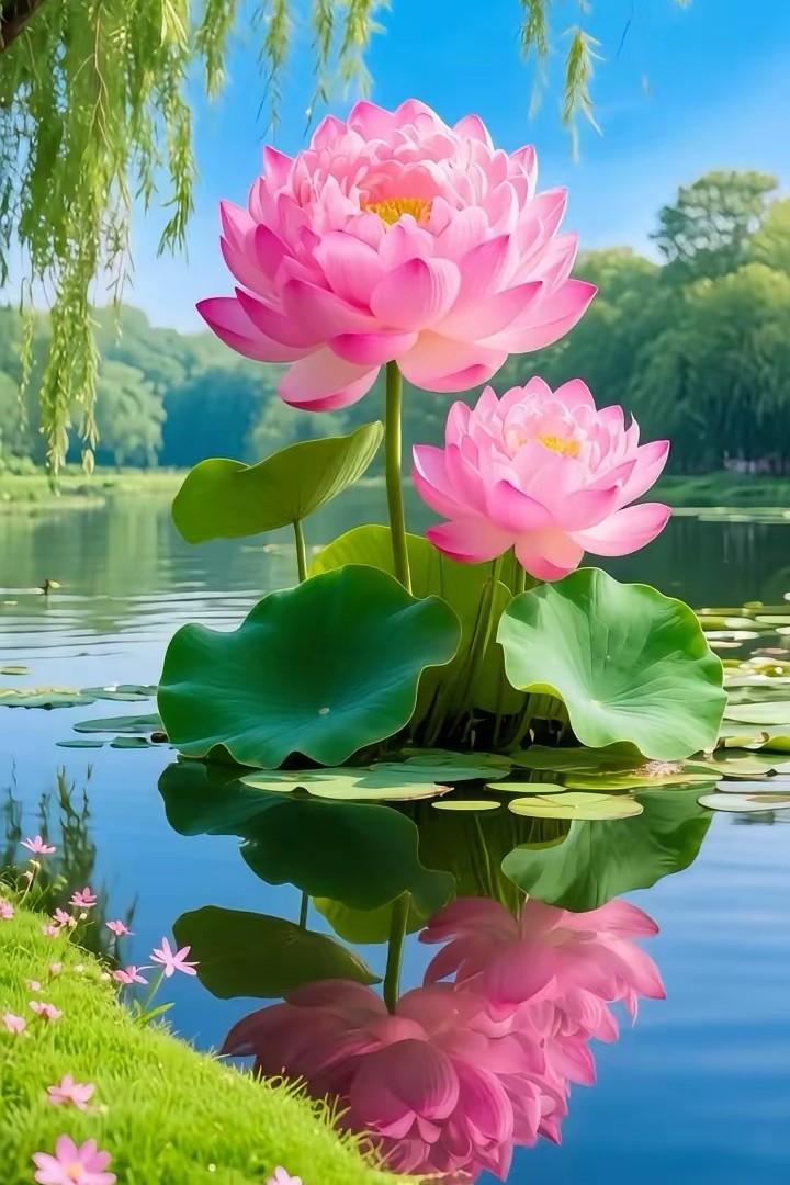 粉红的荷花静静绽放在水塘中，宛如一幅画卷      荷花盛开如此美丽！