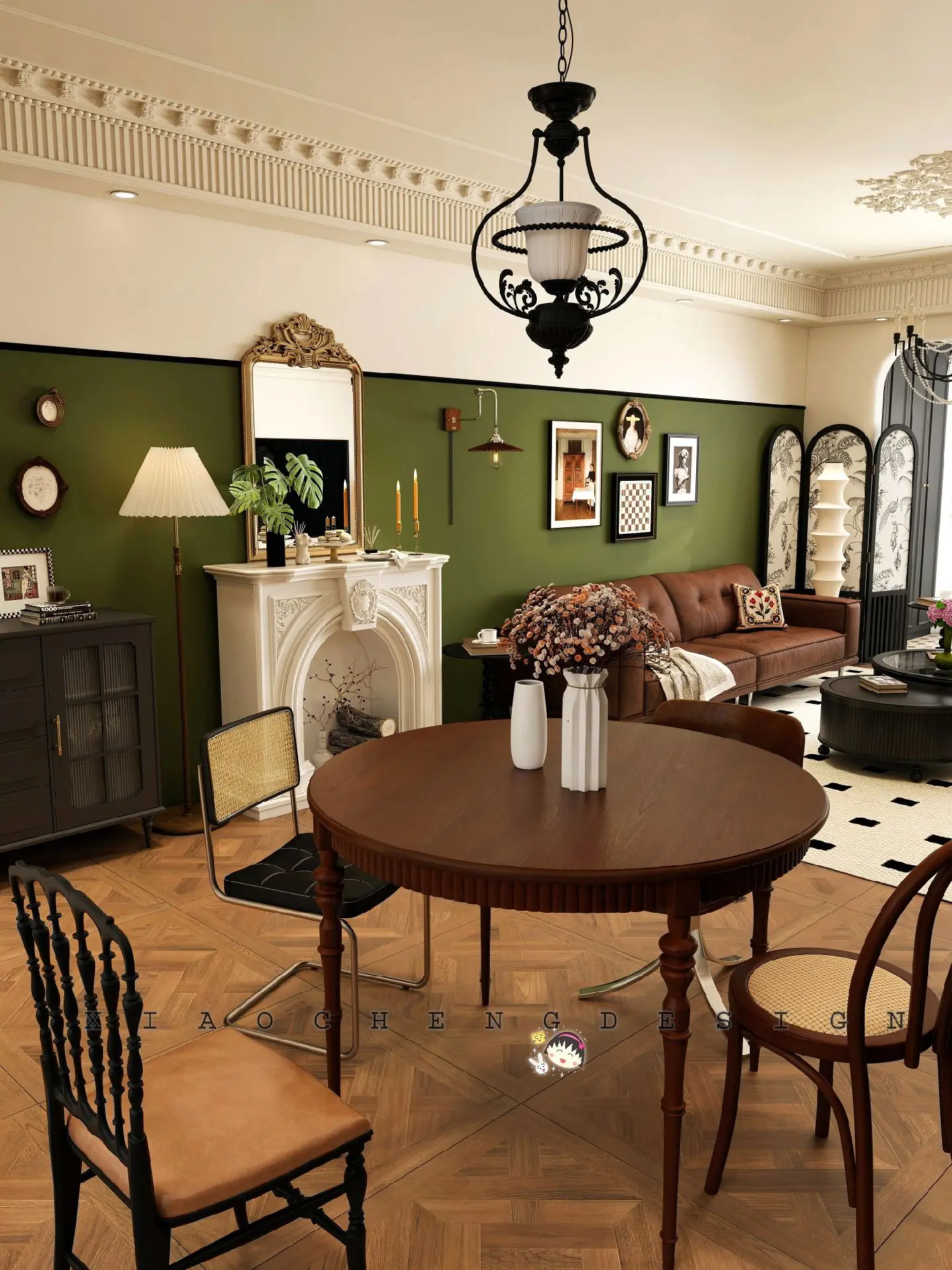 钟情于法式复古装修，独爱复古的浪漫氛围感，黑绿色搭配精致的雕花石膏线条...