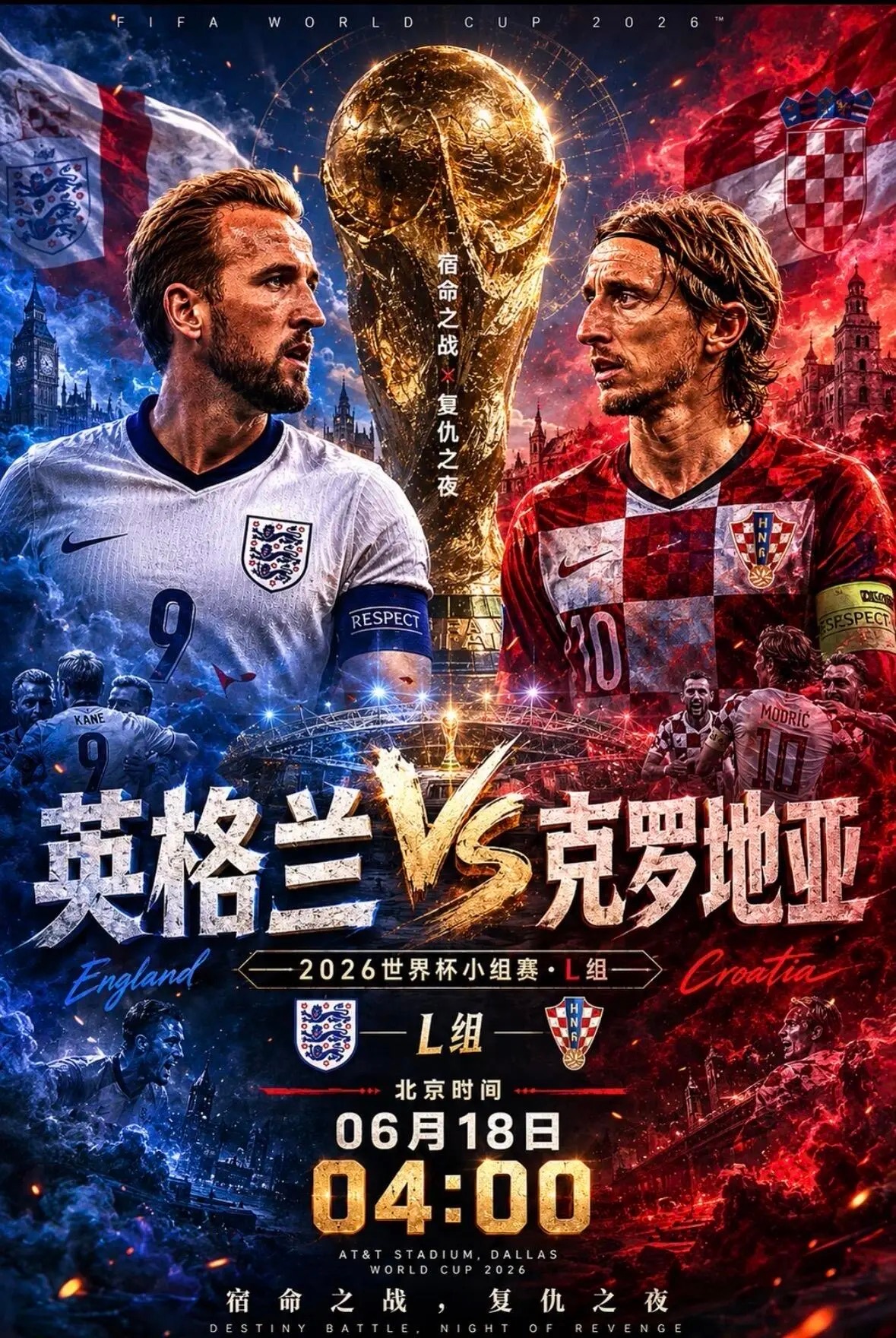 世界杯 04:00英格兰vs克罗地亚比分：2-0 3-1推荐英格兰-0.5/1世