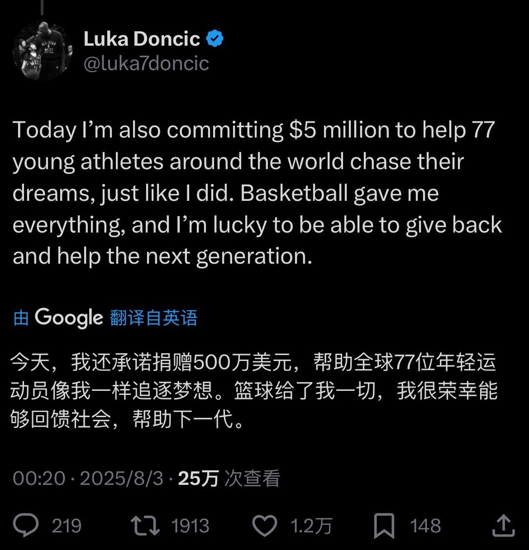 卢卡在续约湖人后发文称，表示会捐出500万美元帮助全世界77名年轻运动员完成梦想