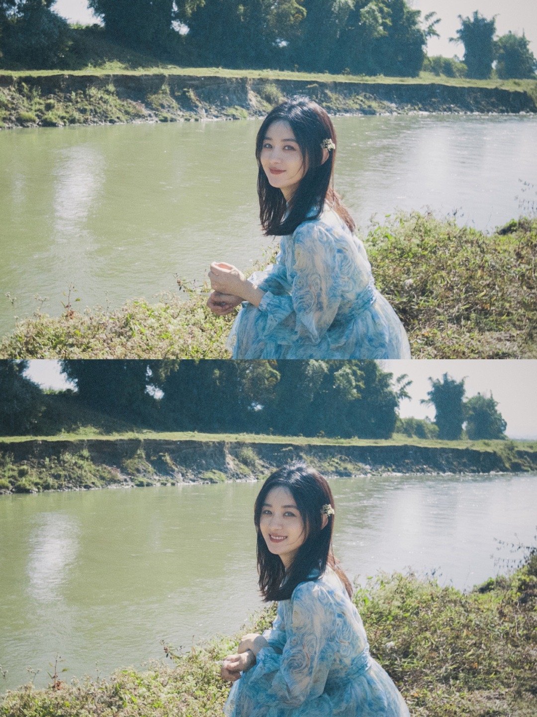 #赵丽颖蓝色印花纱裙#赵丽颖乔妍的心事河边随拍来啦～好明媚的乔妍宝贝啊！这条河是
