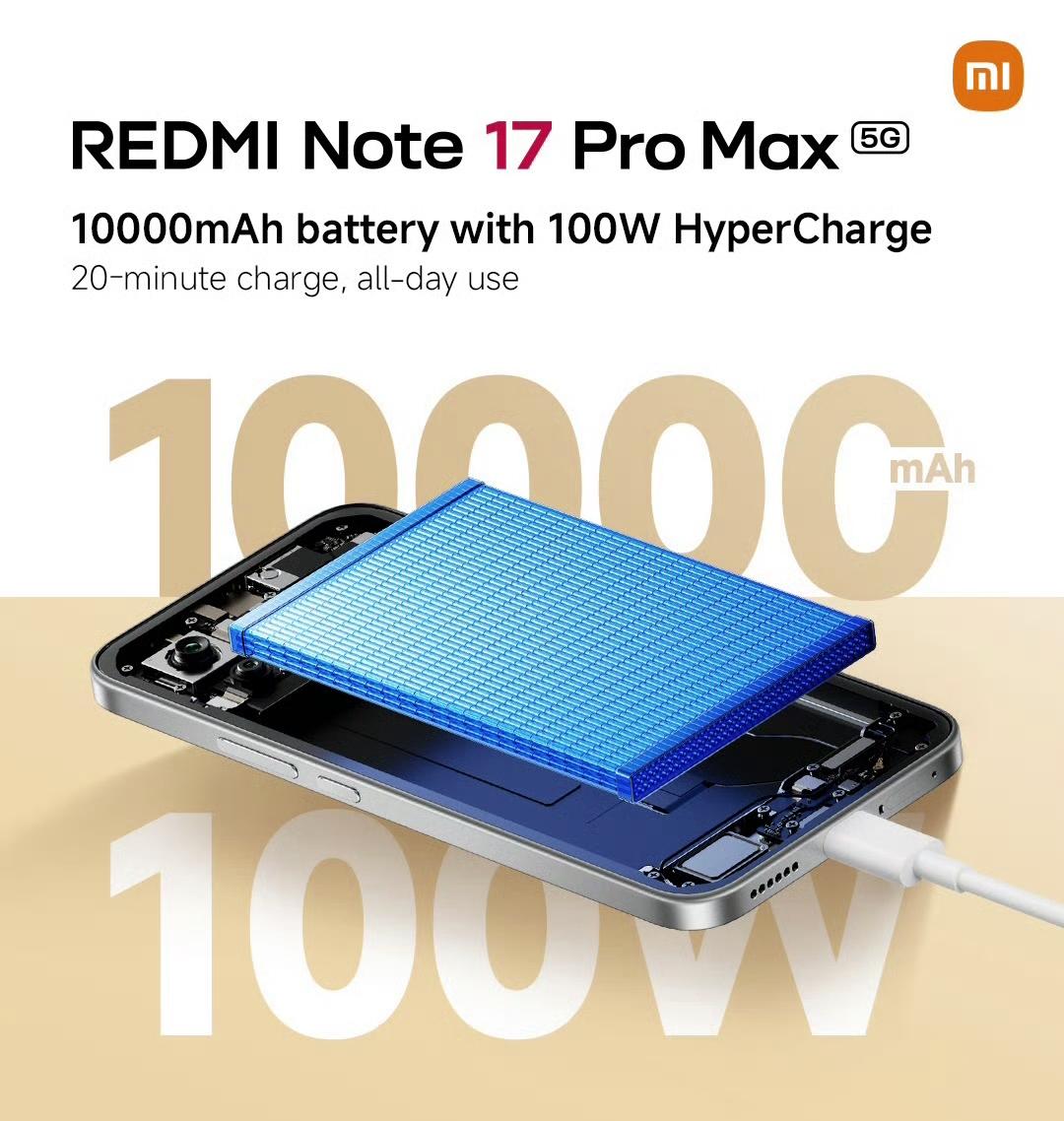 小米在海外发布RED MI Note 17Pro Max ，10000毫安电池+