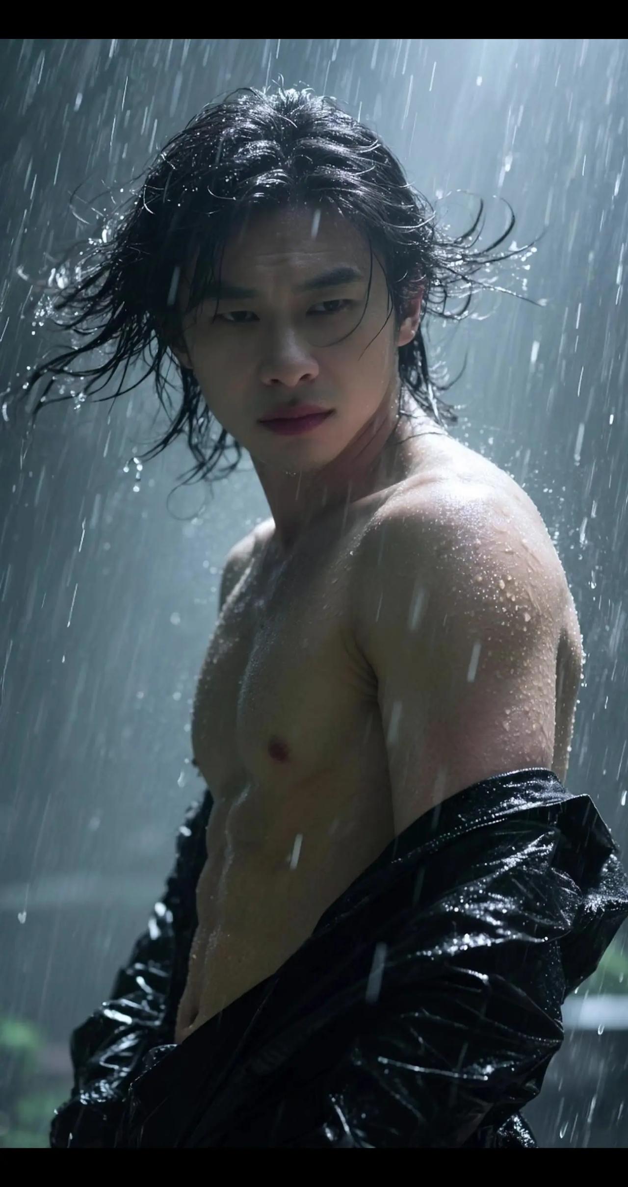 健身听老歌AI雨中湿身照