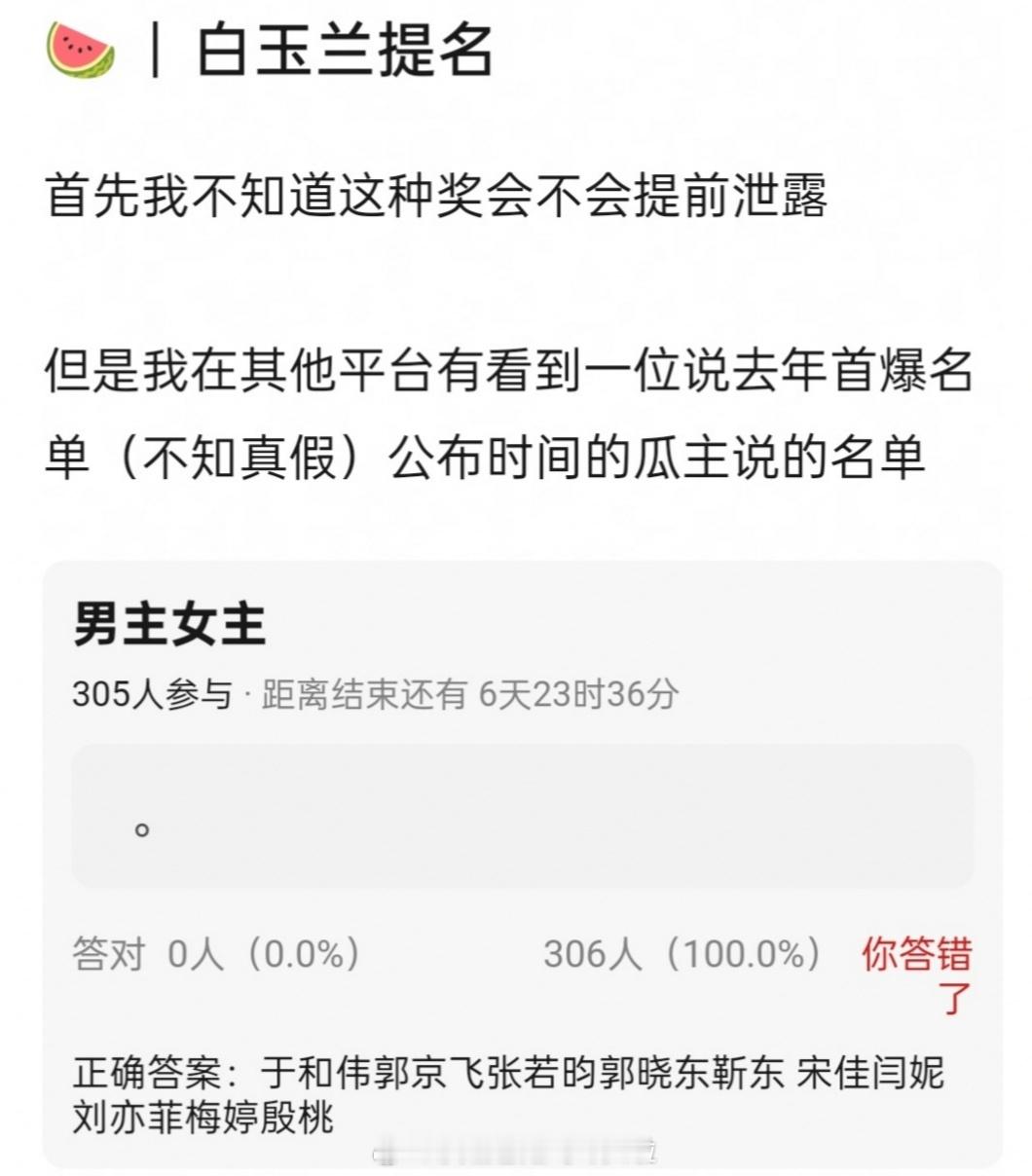 🍉：白玉兰提名视帝：于和伟、郭京飞、张若昀、郭晓东、靳东视后：宋佳、闫妮、刘亦