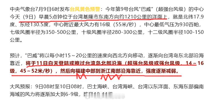 今年第9号台风“巴威”（超强台风级）的中心今天（9日）早晨5点钟位于台湾基隆市东
