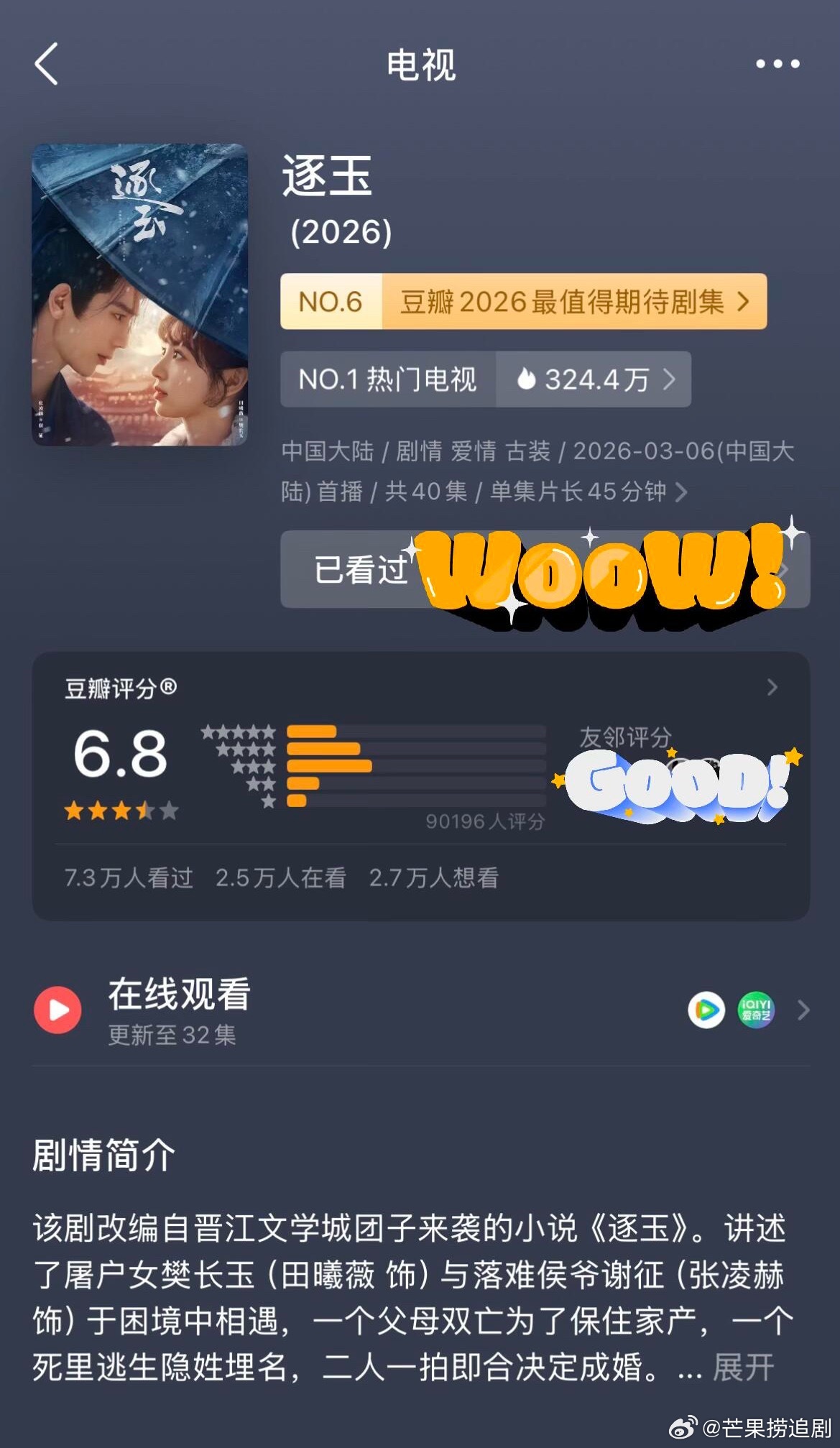 《逐玉》豆瓣开分6.8分，高了低了？ 
