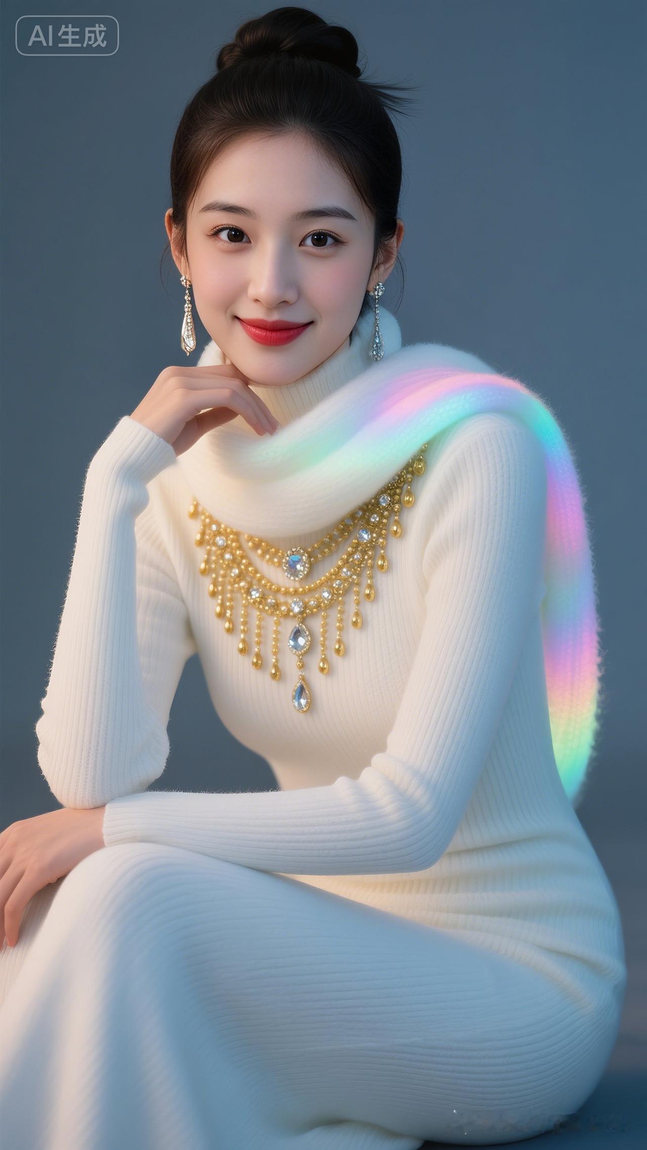 优雅白裙，梦幻彩虹，甜美笑容，AI生成美照！