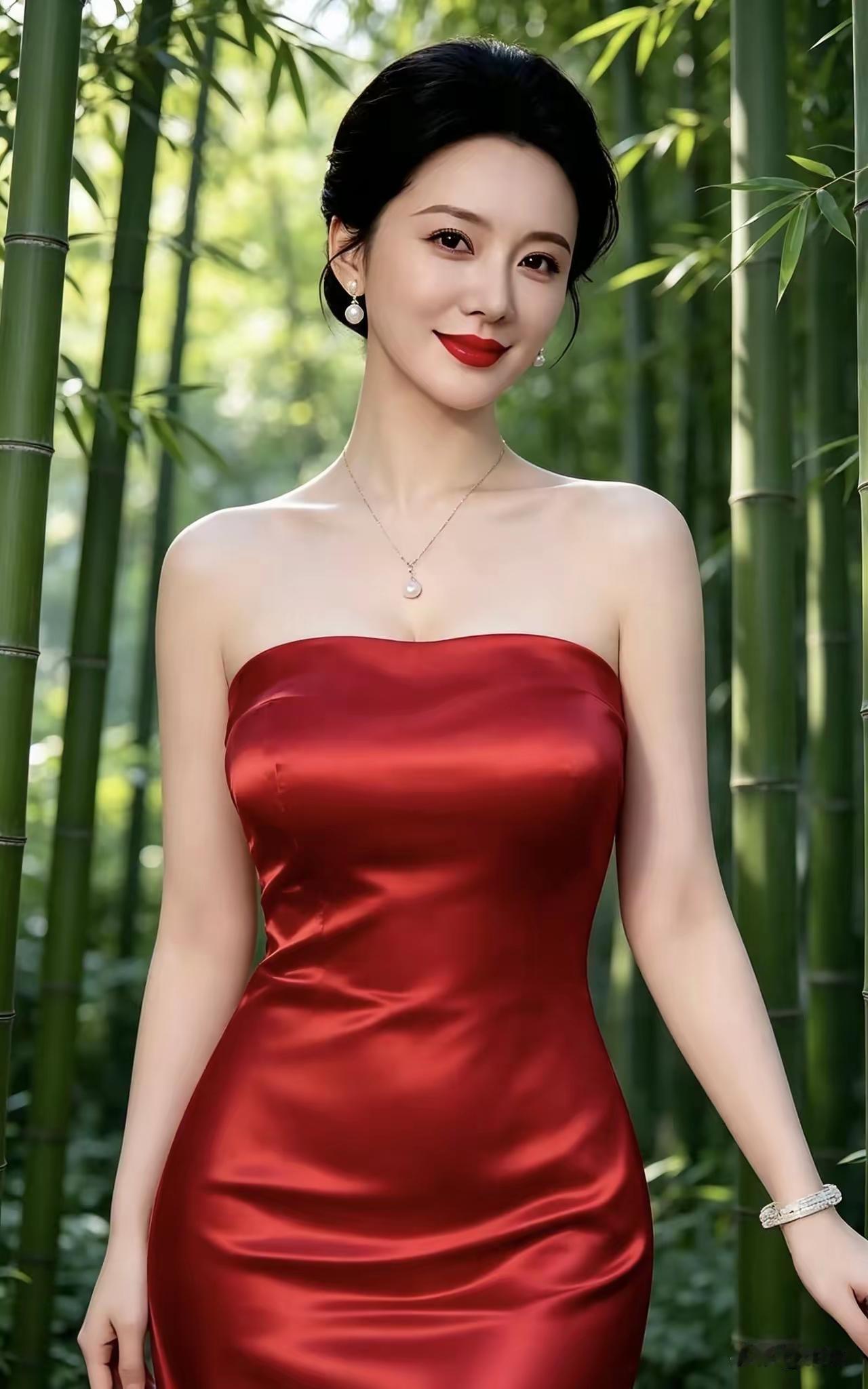 红衣映竹影，美人似画来。