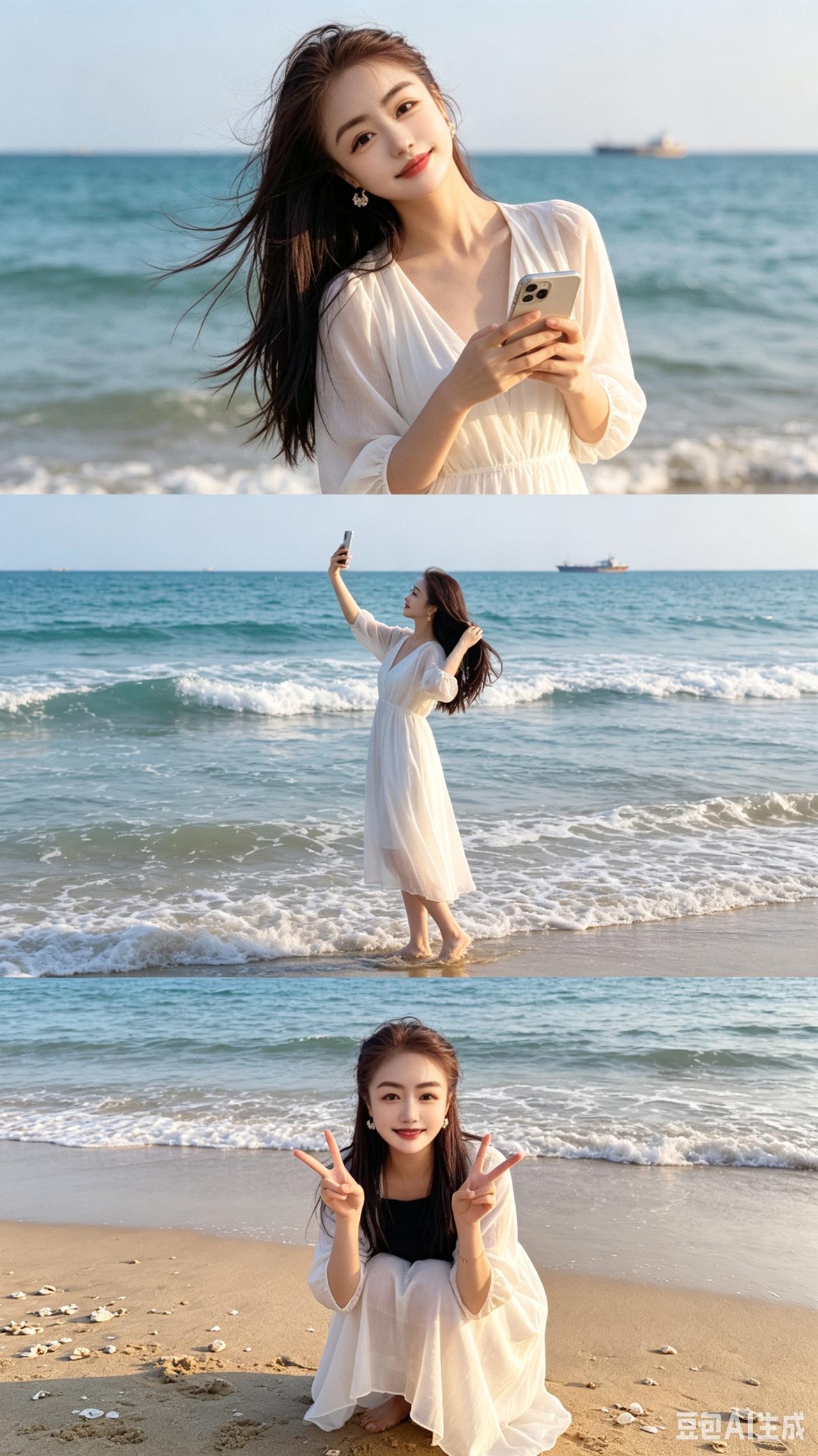 海边倩影
白裙拂海晚风柔
持镜回眸笑靥羞
侧立漫捋青丝缕
浪吻脚踝帆影悠
蹲觅沙