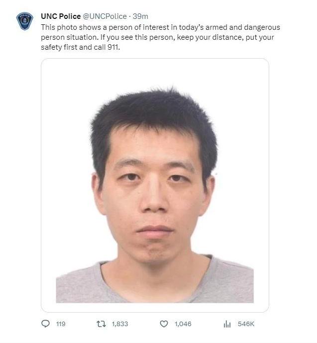 美国北卡罗来纳大学博士生齐太磊持枪袭击校园致 1 死，死者疑为一名华人副教授
当