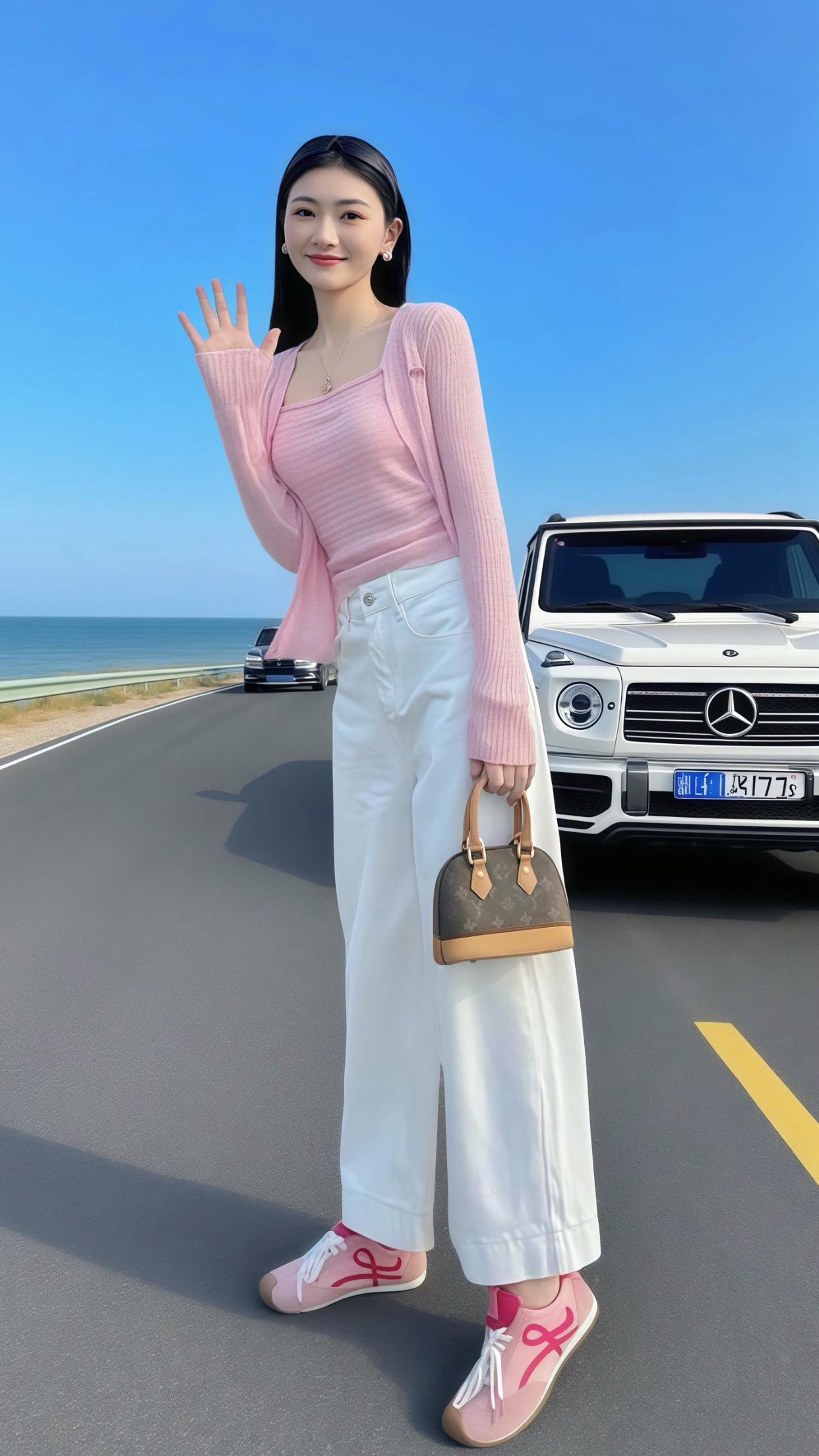 海边公路的邂逅✨ 她站在海边公路，身旁是白色大G。海风轻拂发丝，粉色穿...