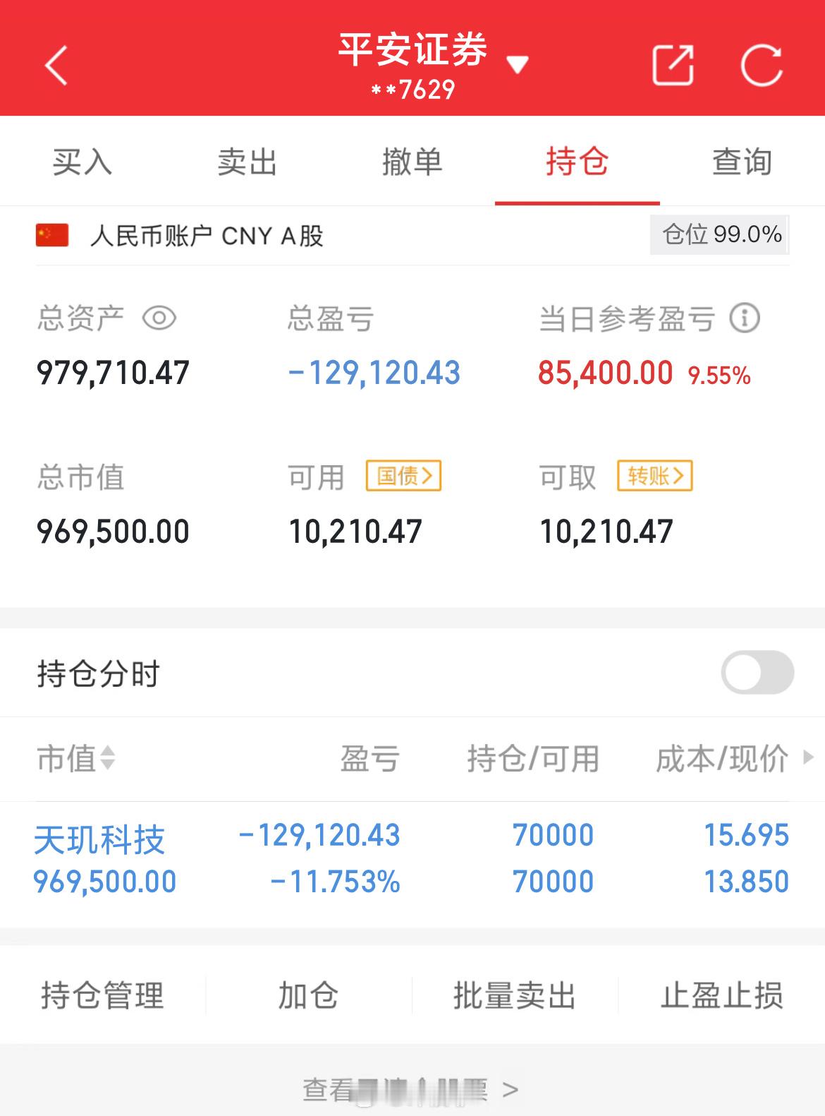 100万实盘挑战一年做到600万（第92天）总资产：979710当日参考盈亏：+