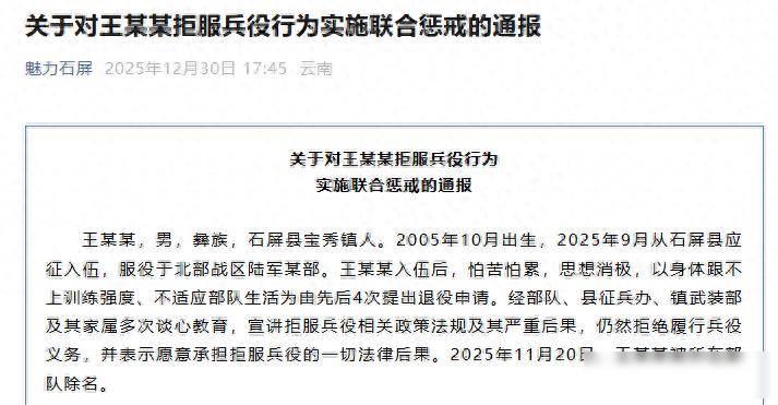 王某某被除名，兵役不是儿戏，年轻人该懂点责任

王某某是云南石屏县的彝族小伙子，