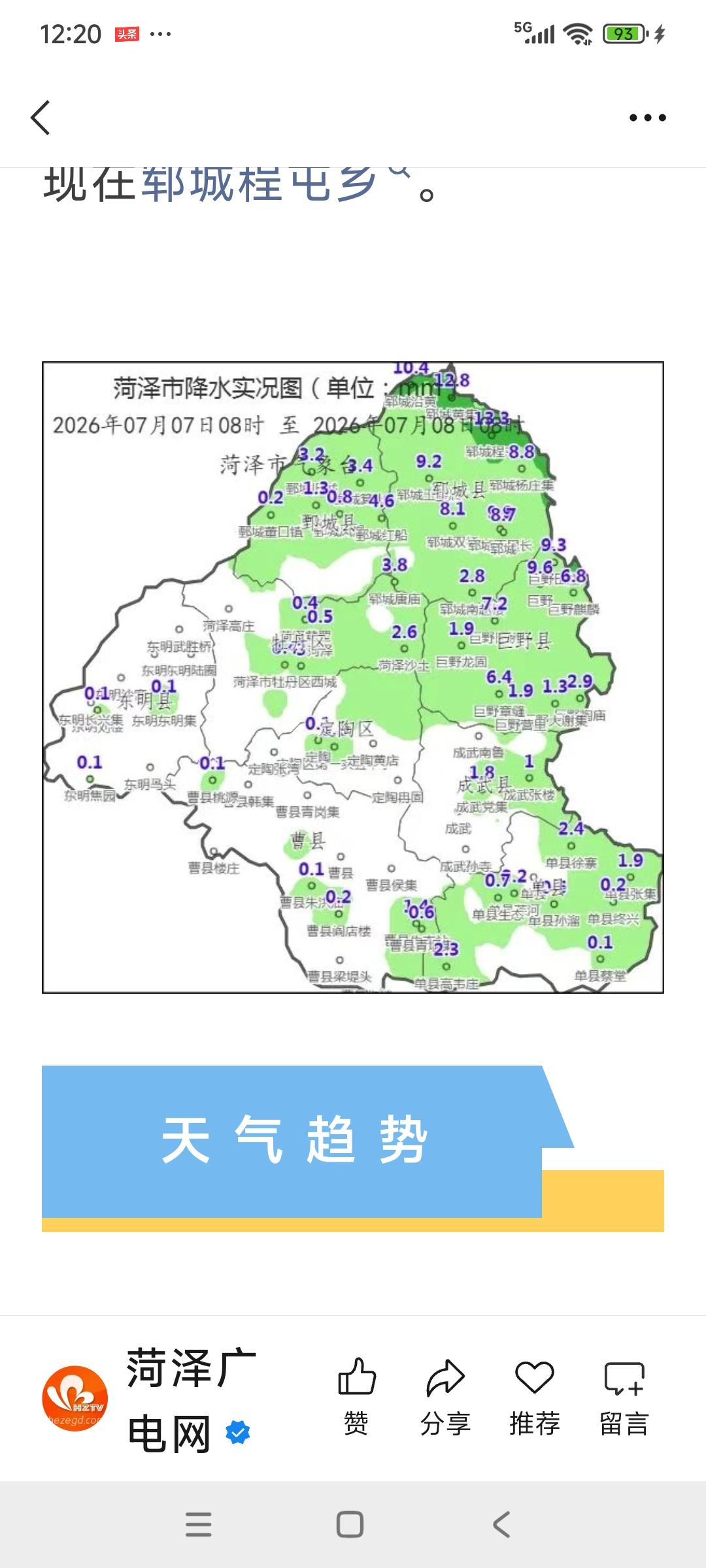 7月7日8时至8日8时菏泽市部分县区出现降雨，雨量分布不均，全市最大降雨量13.