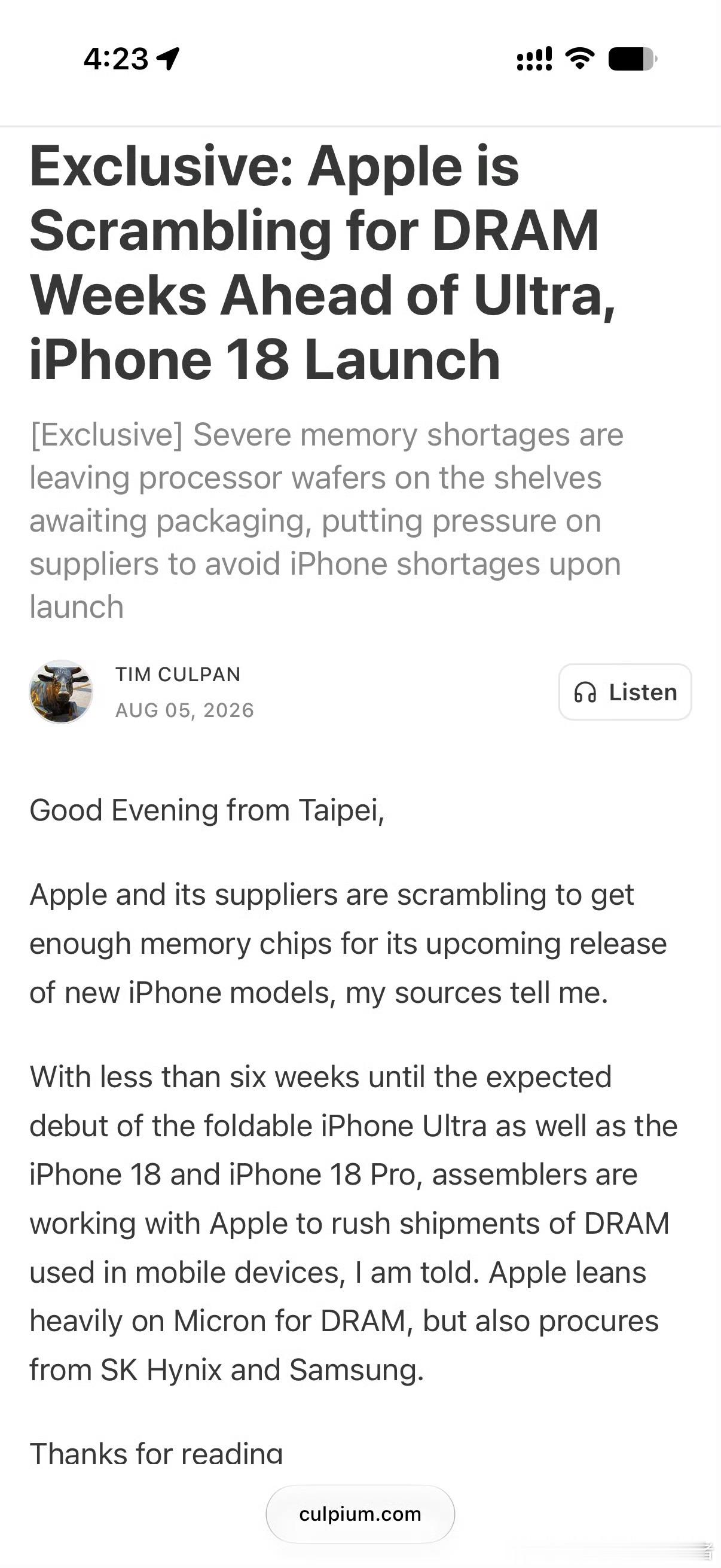 LH手机科技爱好者 有消息称，iPhone18 Pro量产前内存供应很紧张，苹果