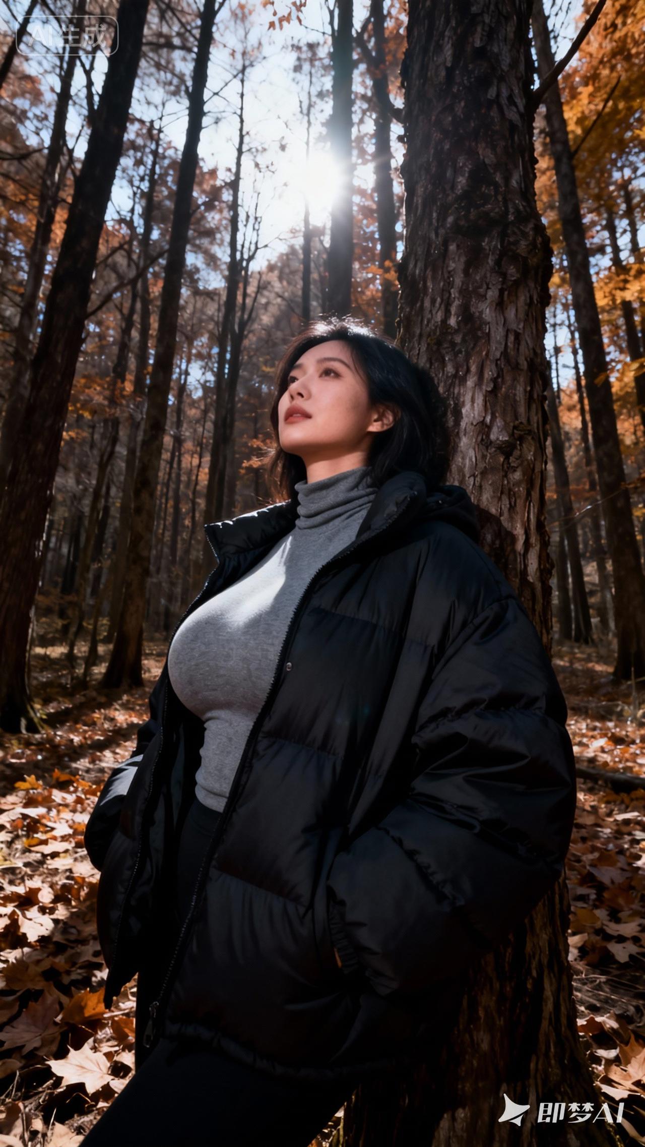 秋日森林就是时尚穿搭的天然秀场。想走森林系恬淡风，墨绿色无领衬衫配牛仔中长裙，复