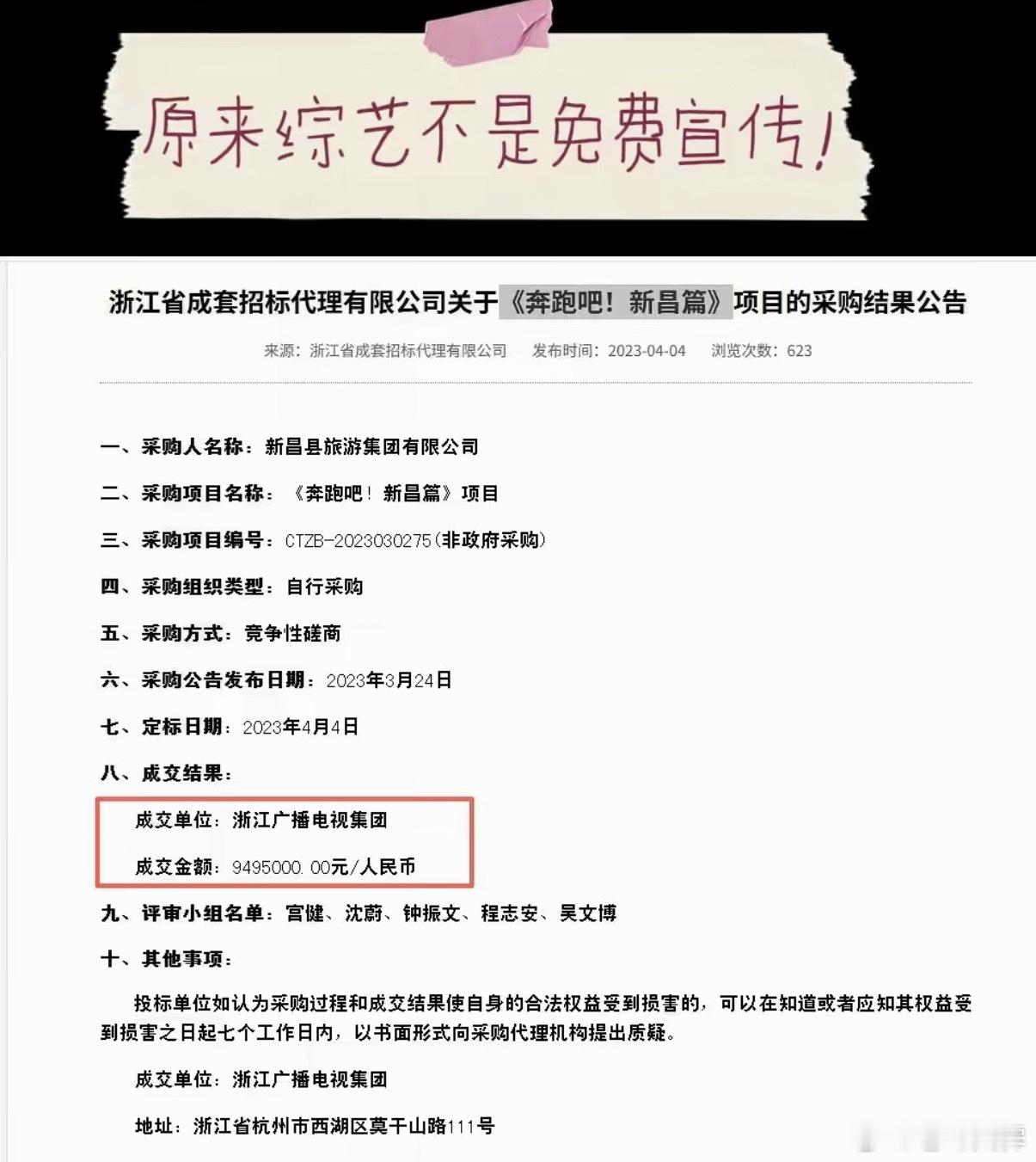 浙江新昌文旅960万元采购奔跑吧早在2023年，《奔跑吧！新昌篇》项目的采购结果