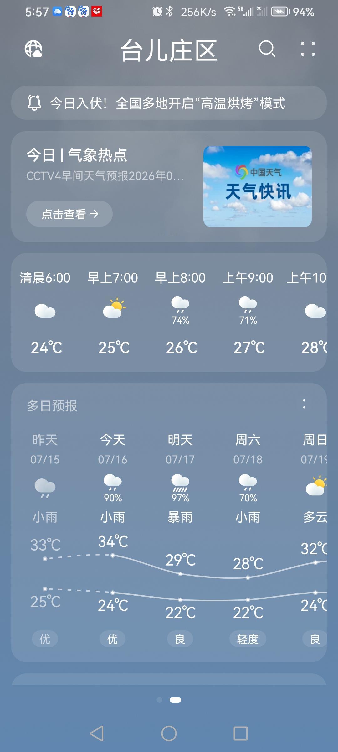 “7.16”星期四，天气预报“小雨”☔️。炎热的盛夏，伏天似烝笼。气温24—34