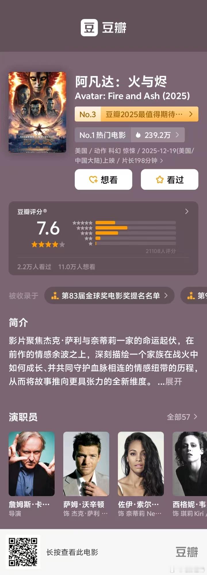 听听温特怎么说 《阿凡达3》豆瓣开分7.6分。 