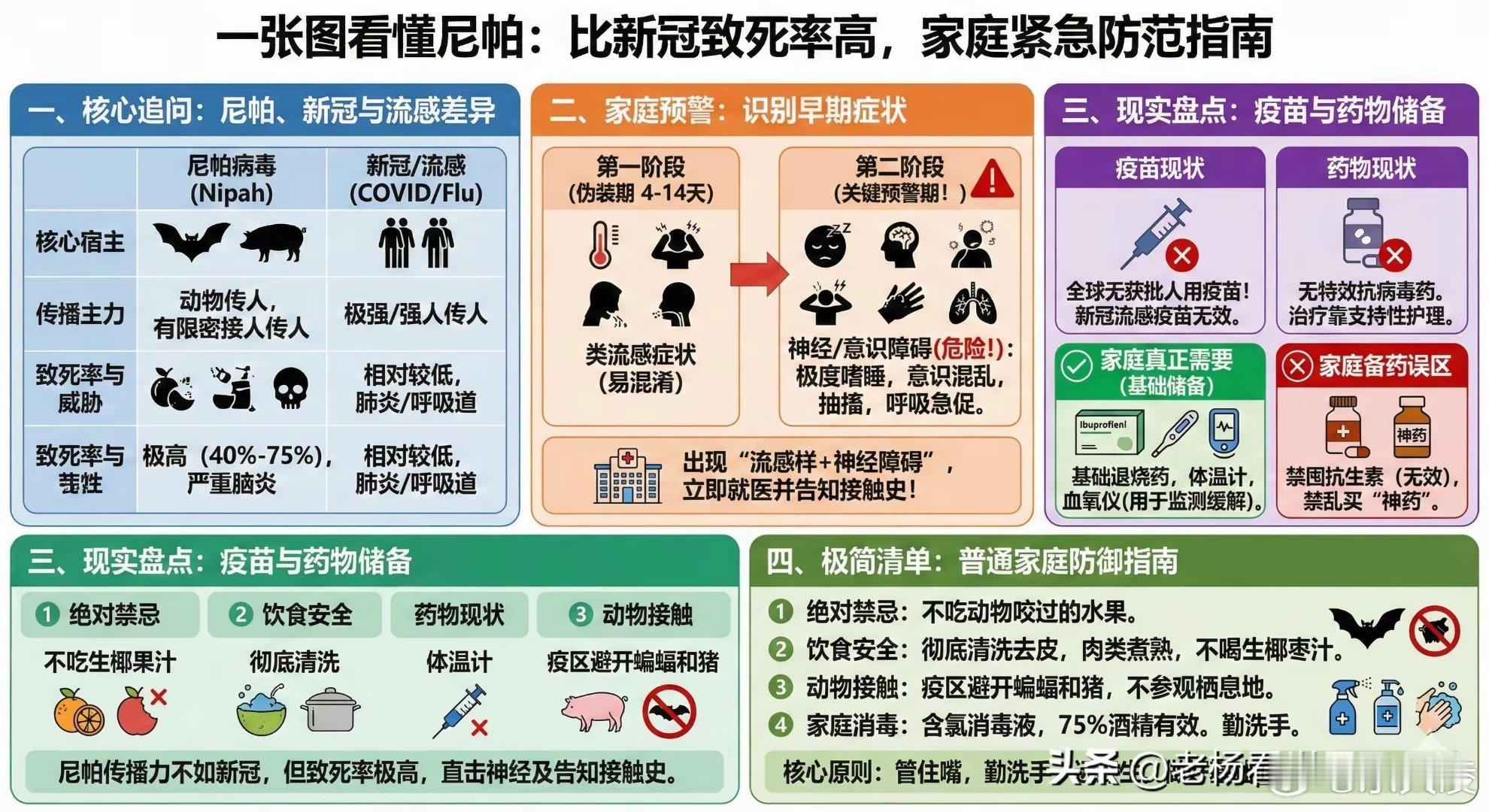 尼帕病毒感染死亡率可达40%以上 一张图看懂尼帕：比新冠致死率高，家庭紧急防范指