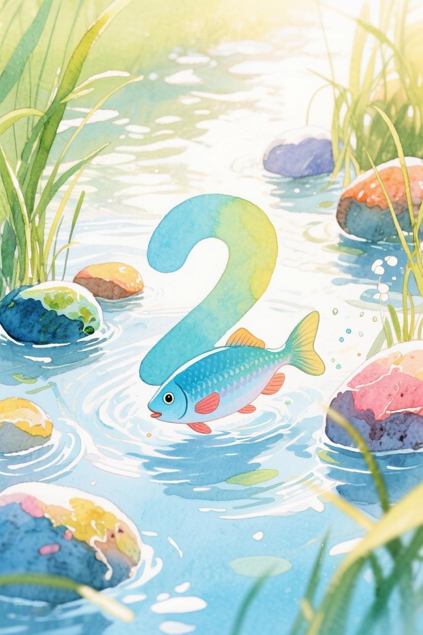 AI随心绘在灵动的水中，数字‘2’与彩鱼共舞，每一颗石头都藏着岁月的秘密，静静感