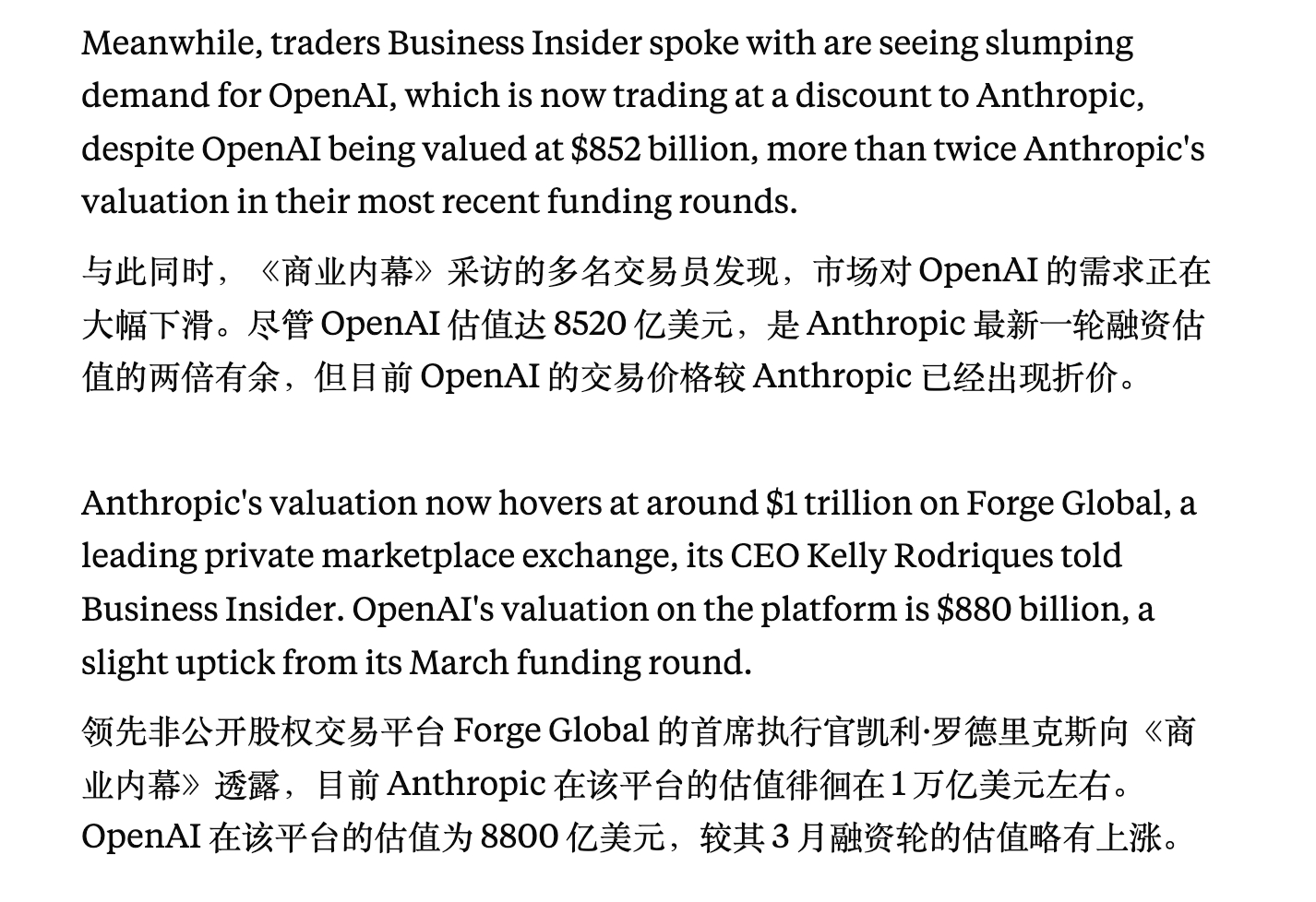 太狠了，Anthropic 在二级市场的估值飙到了 1 万亿美元，超过了 Ope