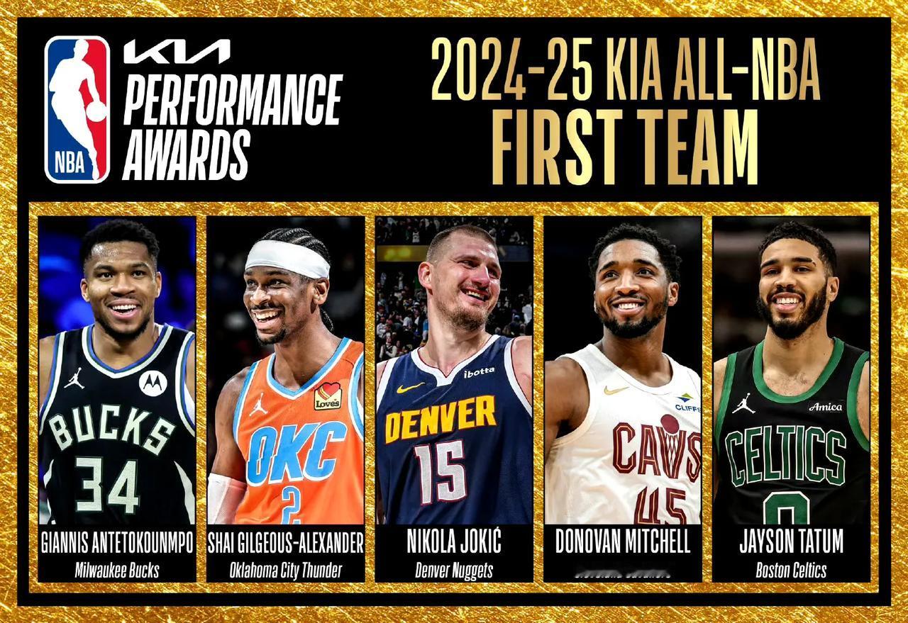 今年NBA的最佳阵容出来了。

一阵:字母哥，亚历山大，约基奇，米切尔，塔图姆。