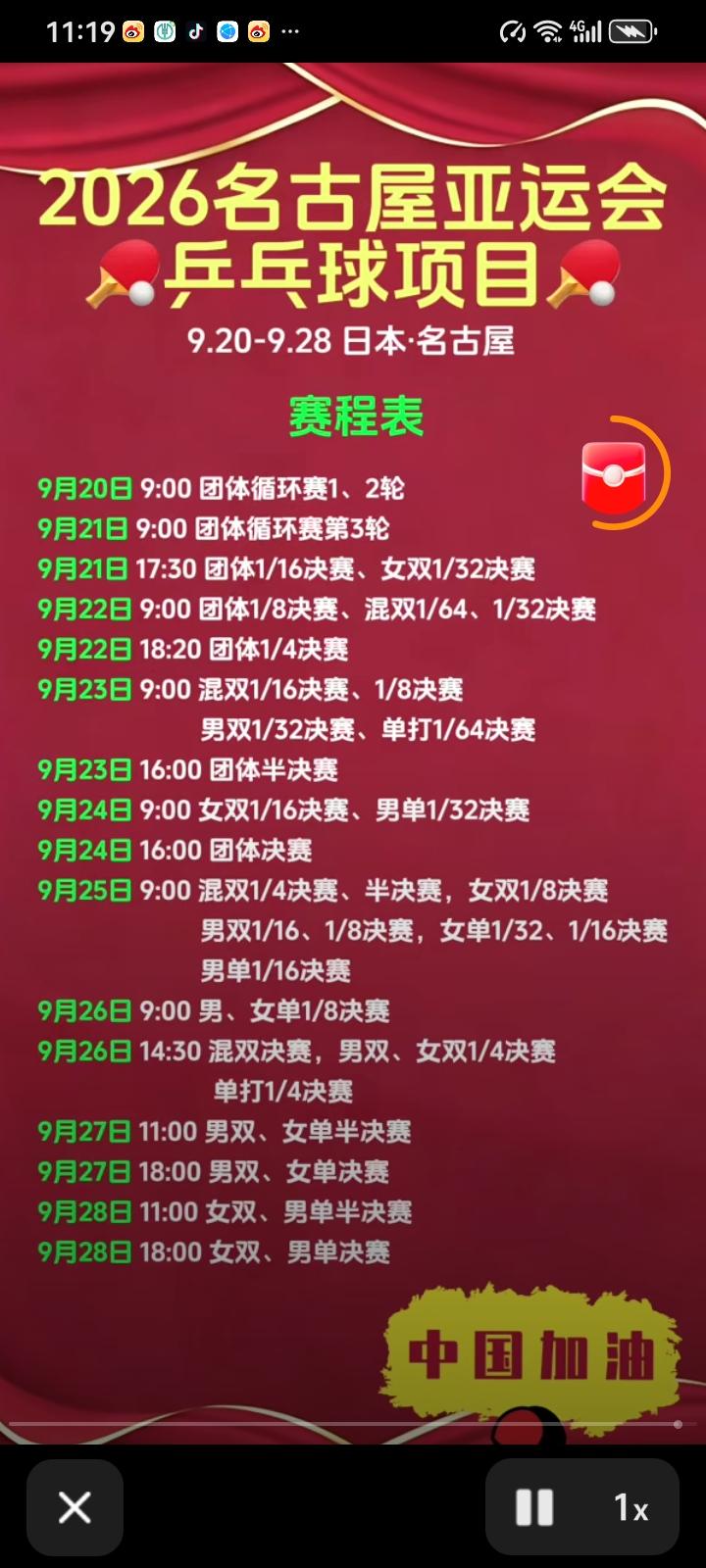 乒乓球项目的比赛真是太密集了，无缝衔接啊，亚运会9月20打到9月28结束，中国大