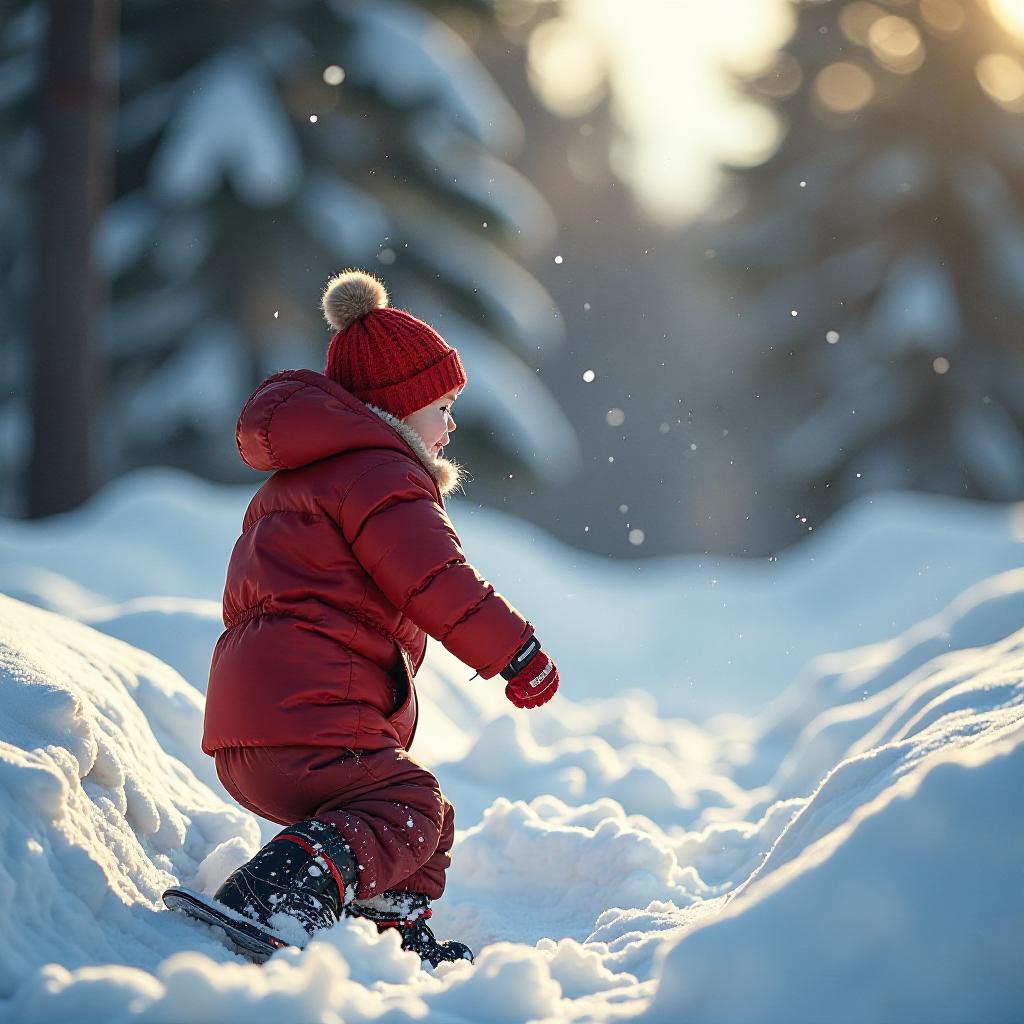 冬日生活打卡季一个穿着红色冬装的小孩，戴着红色带绒球的帽子，身穿红色的厚棉衣和裤