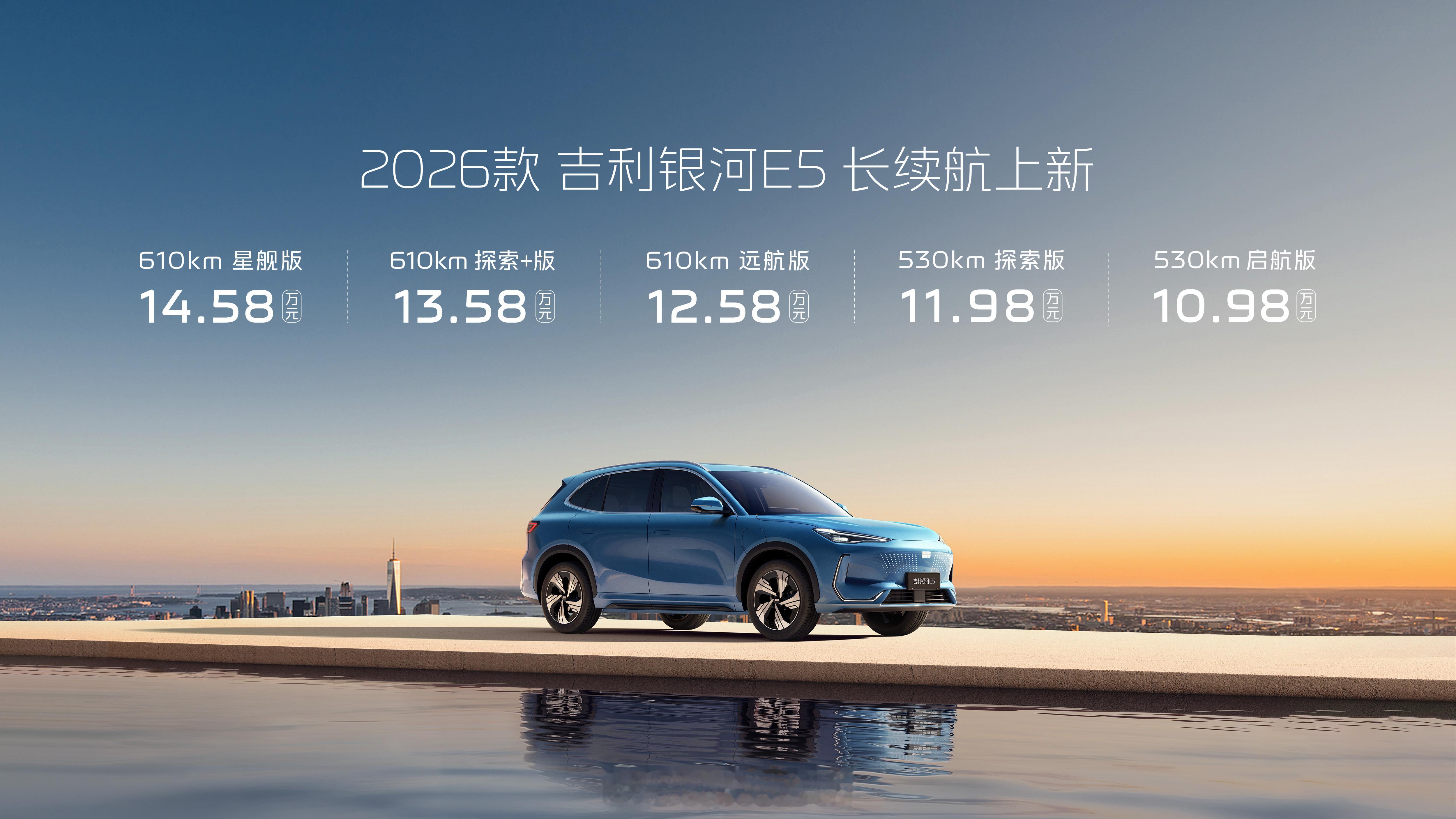 2026 款的吉利银河 E5 发布了，价格没变，10.98~14.58 万元，目