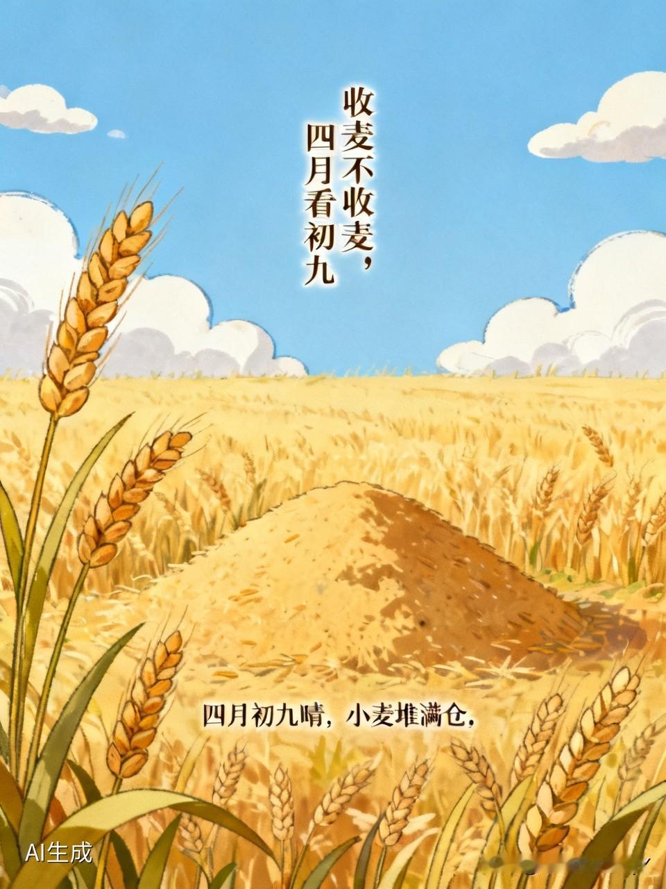 -今天是四月初九民间俗语有
收麦与否，四月初九见分晓
- 收成有无，单看四月初九