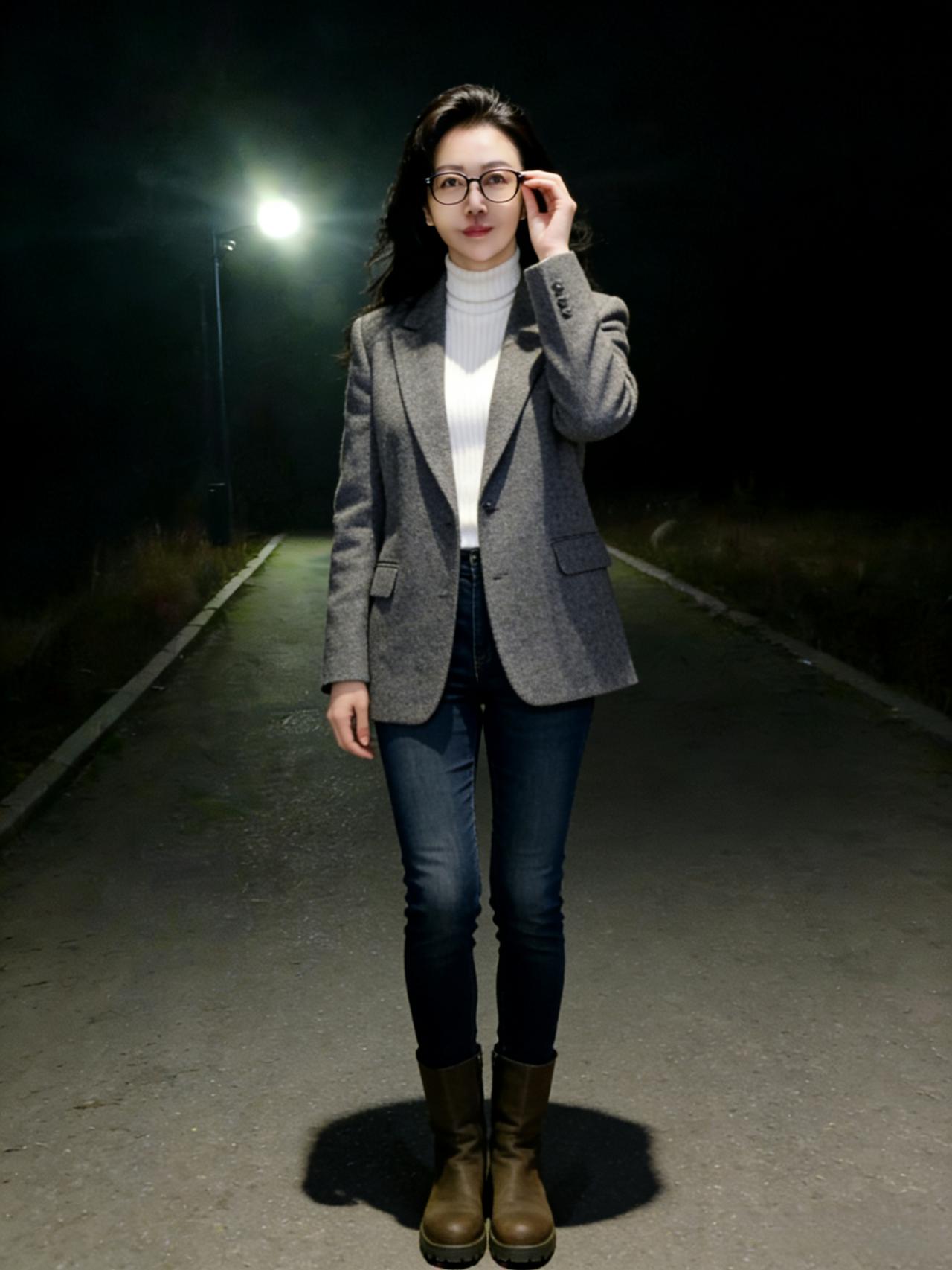 荒径寒灯照素衣，西装革履步迟迟。
眼镜斜簪添雅趣，芳姿独步胜梅枝。