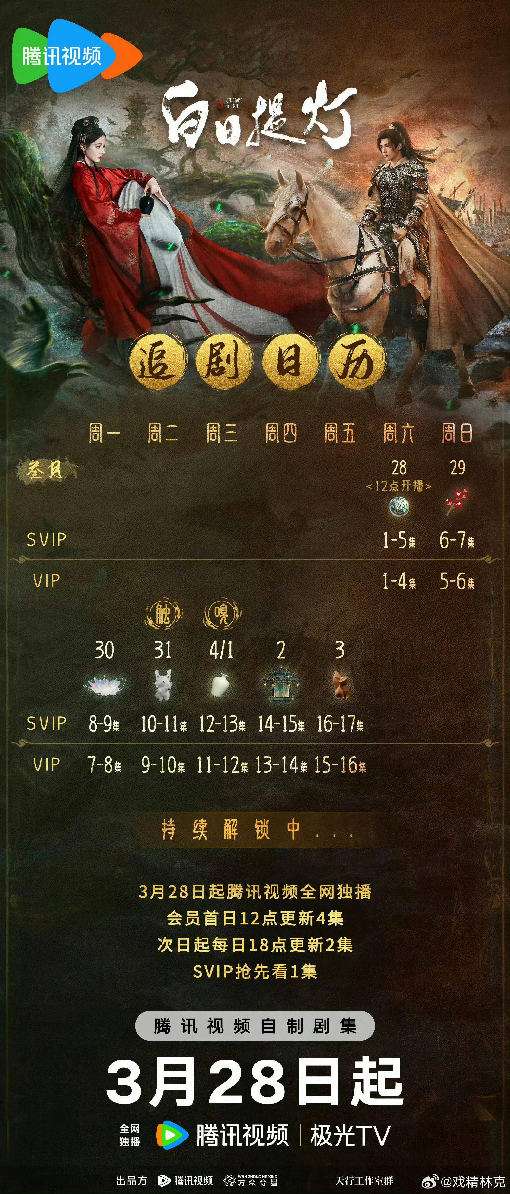 白日提灯追剧日历更新迪丽热巴白日提灯明天中午12点开播，SVIP可以一次性看五集