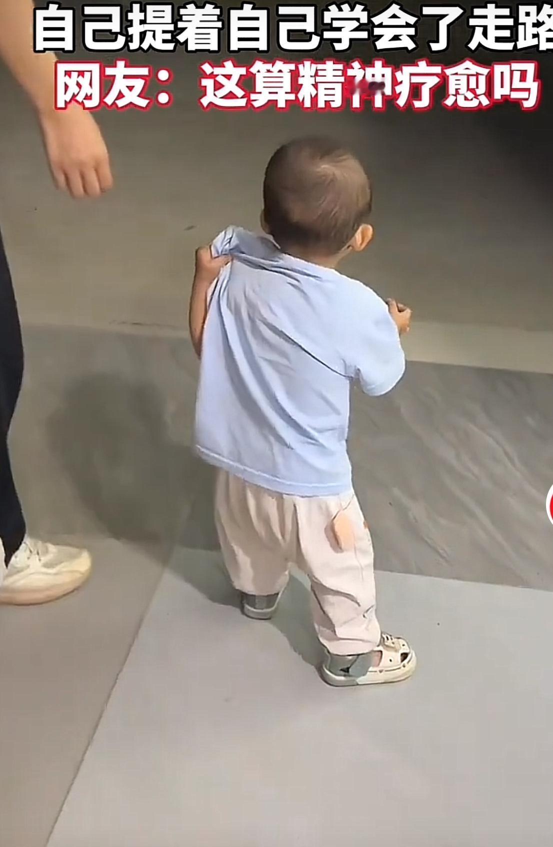 宝宝提着自己会走路，摇摇晃晃、小心翼翼，开始由家长提着他的肩膀，宝宝的左手也提着