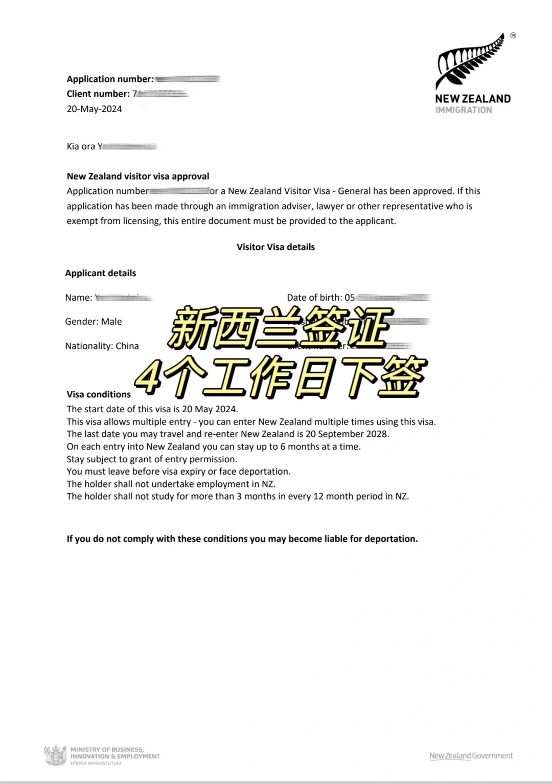 天啊，新西兰签证4个工作日下签