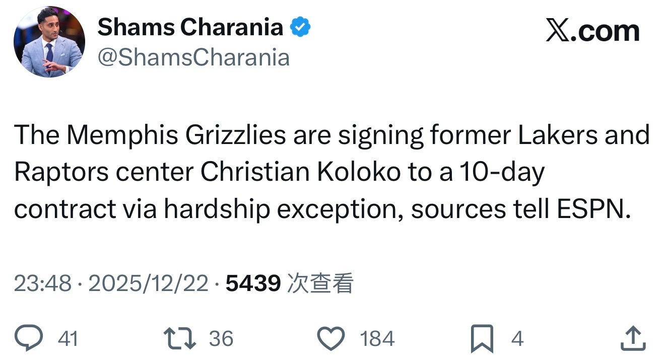 再就业！孟菲斯灰熊将使用困难特例与前湖人、猛龙队中锋科洛科签下一份10天短合同。