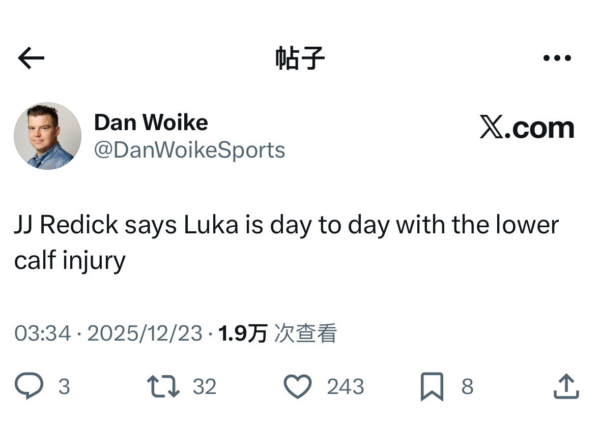 雷迪克表示，卢卡-东契奇因左小腿挫伤，接下来将被列为每日观察状态。东契奇