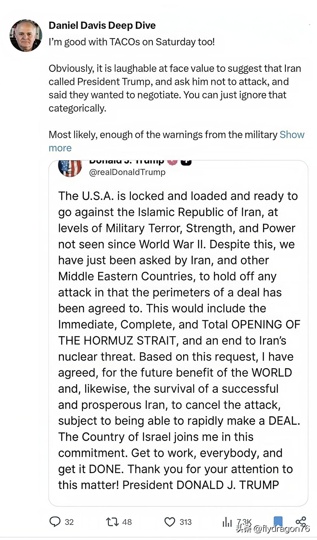 🇺🇸美国国防和国家安全分析人士：表面上看，伊朗联系特朗普总统并要求他不要发动