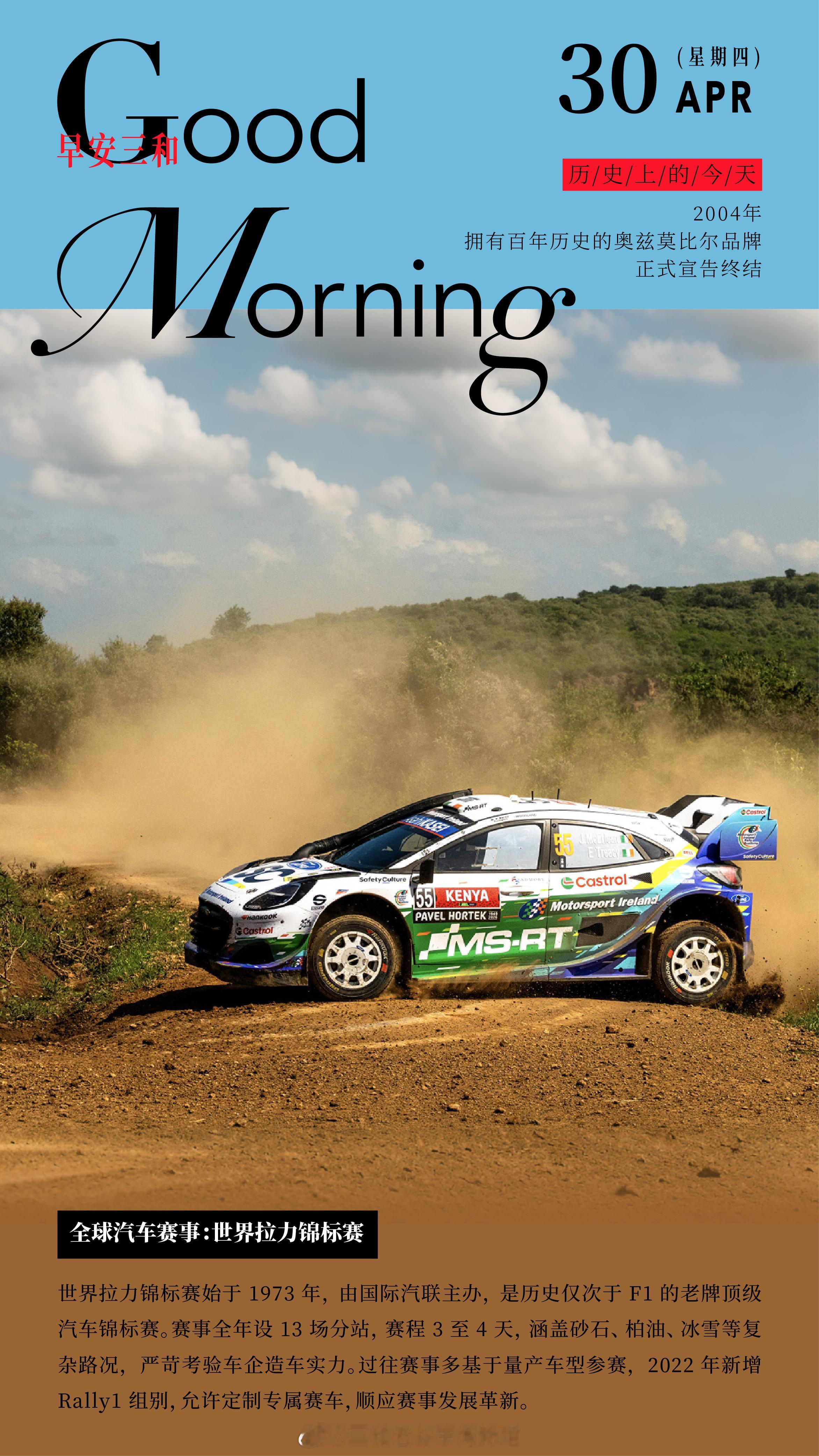 全球汽车赛事：世界拉力锦标赛世界拉力锦标赛始于 1973年，由国际汽联主办，是历