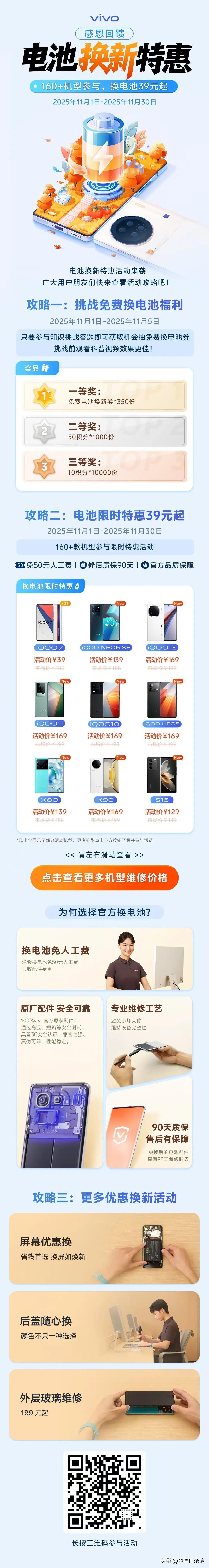 蓝厂优惠换电池活动关注一下！vivo和iQOO的160多款机型都能享受，还免人工