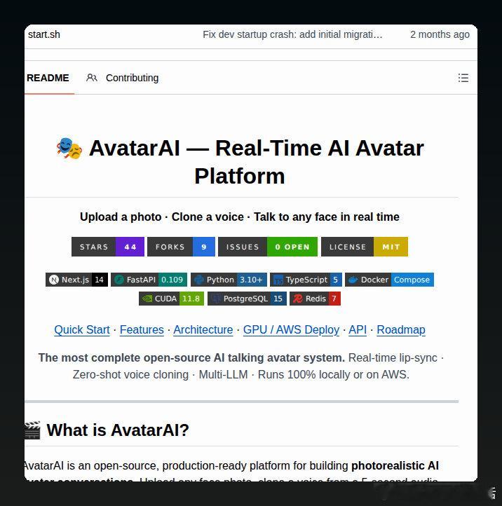 AvatarAI 是一套开源的实时 AI 数字人平台，只需上传一张照片和 5 秒